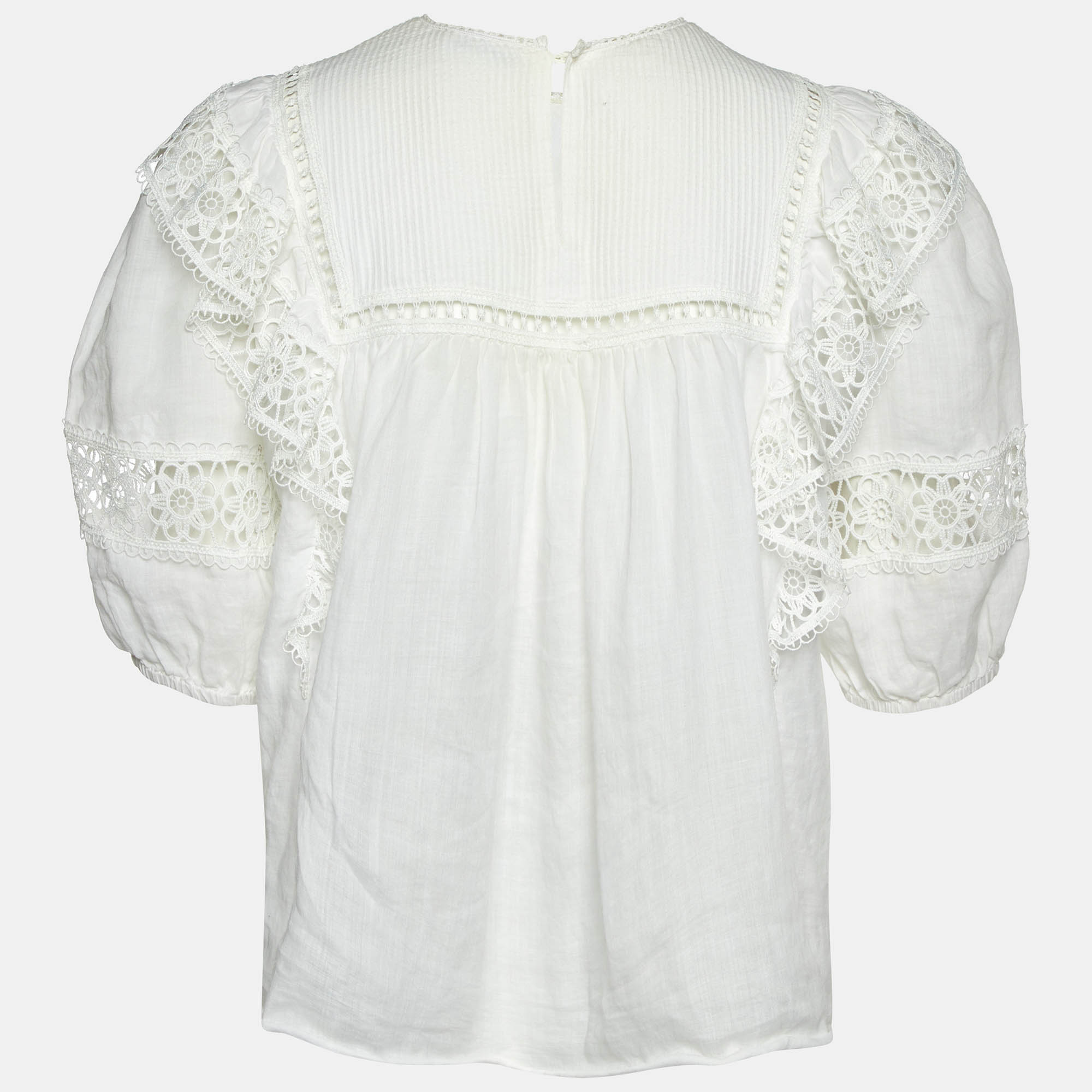 Sandro White Ramie Lace Trim Ruffled Top L