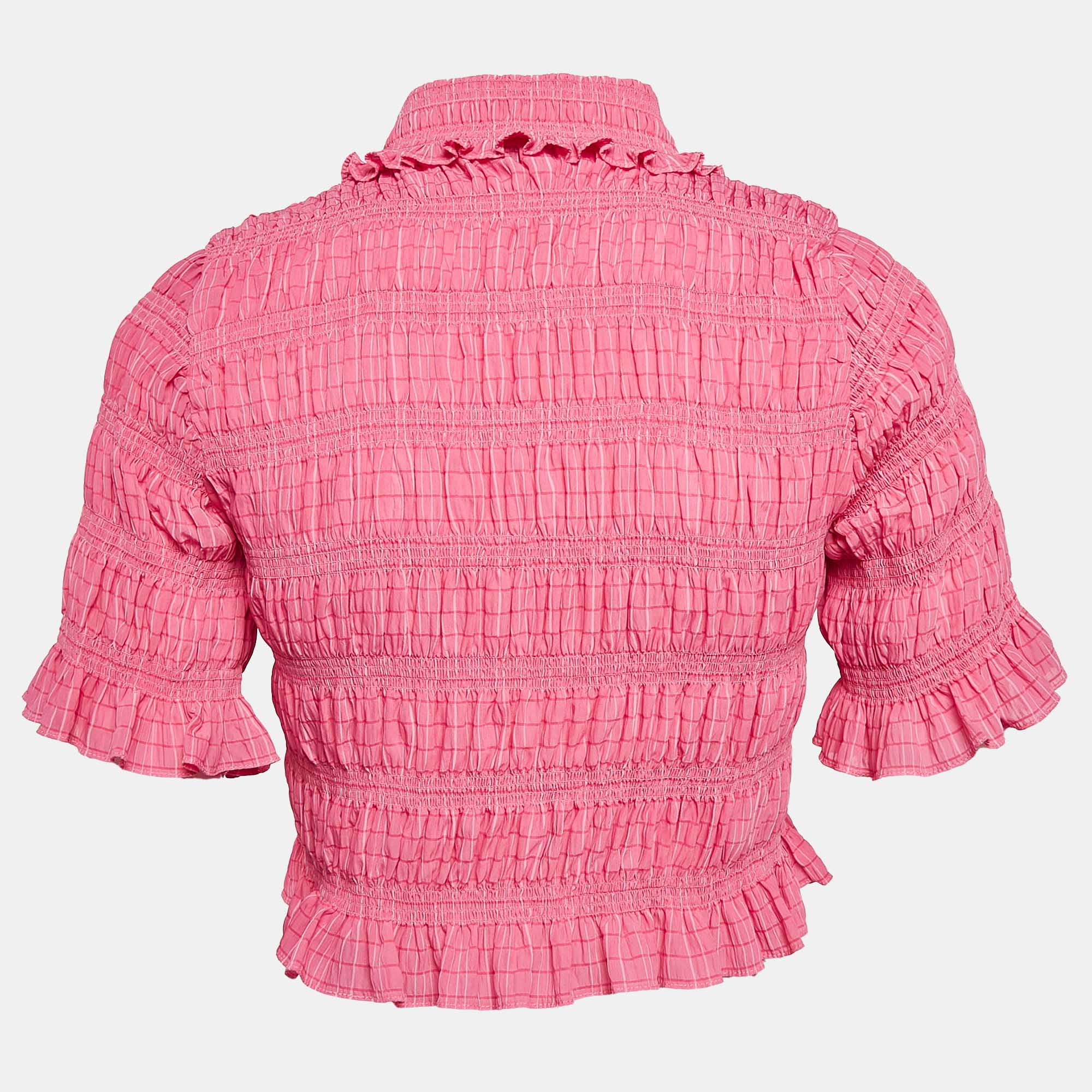 Sandro Pink Smocked Crepe Button Front Blouse S