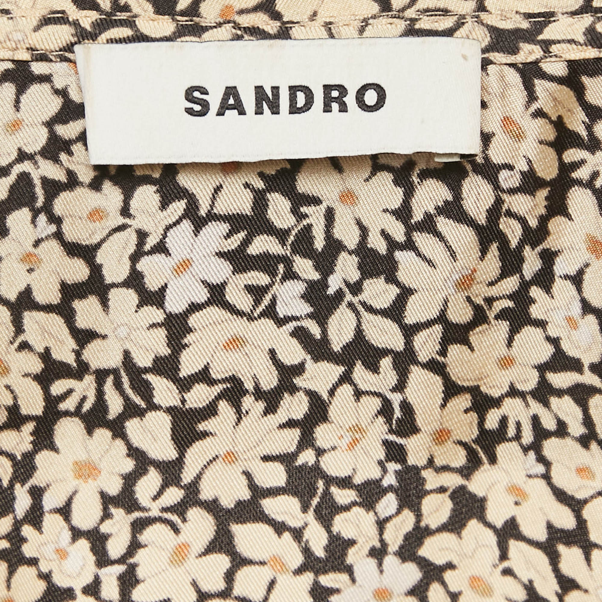 Sandro Cream/Black Flowering Print Silk Chelsea Collar Mini Dress S