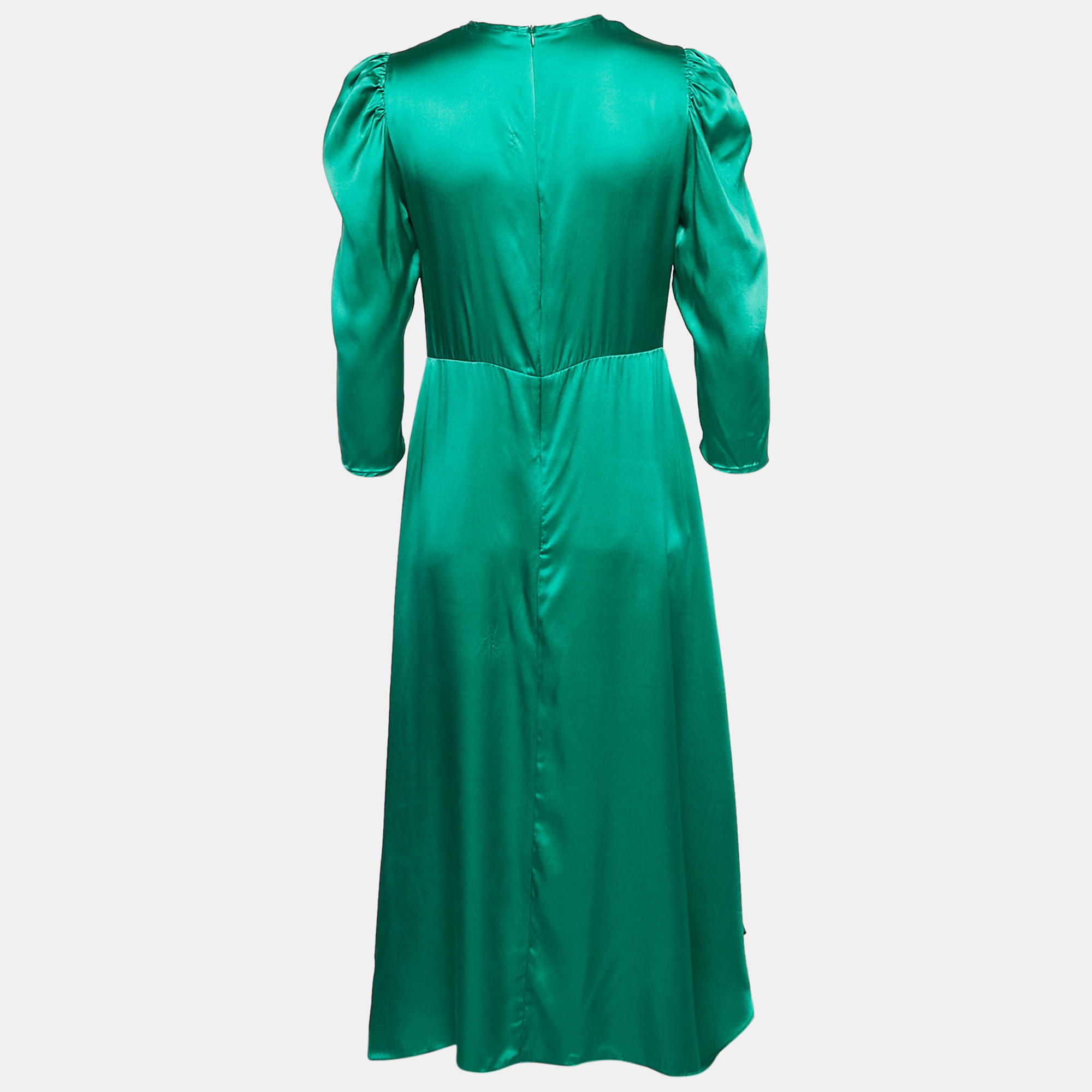 Sandro Green Satin Silk Ruche Detail Midi Dress L