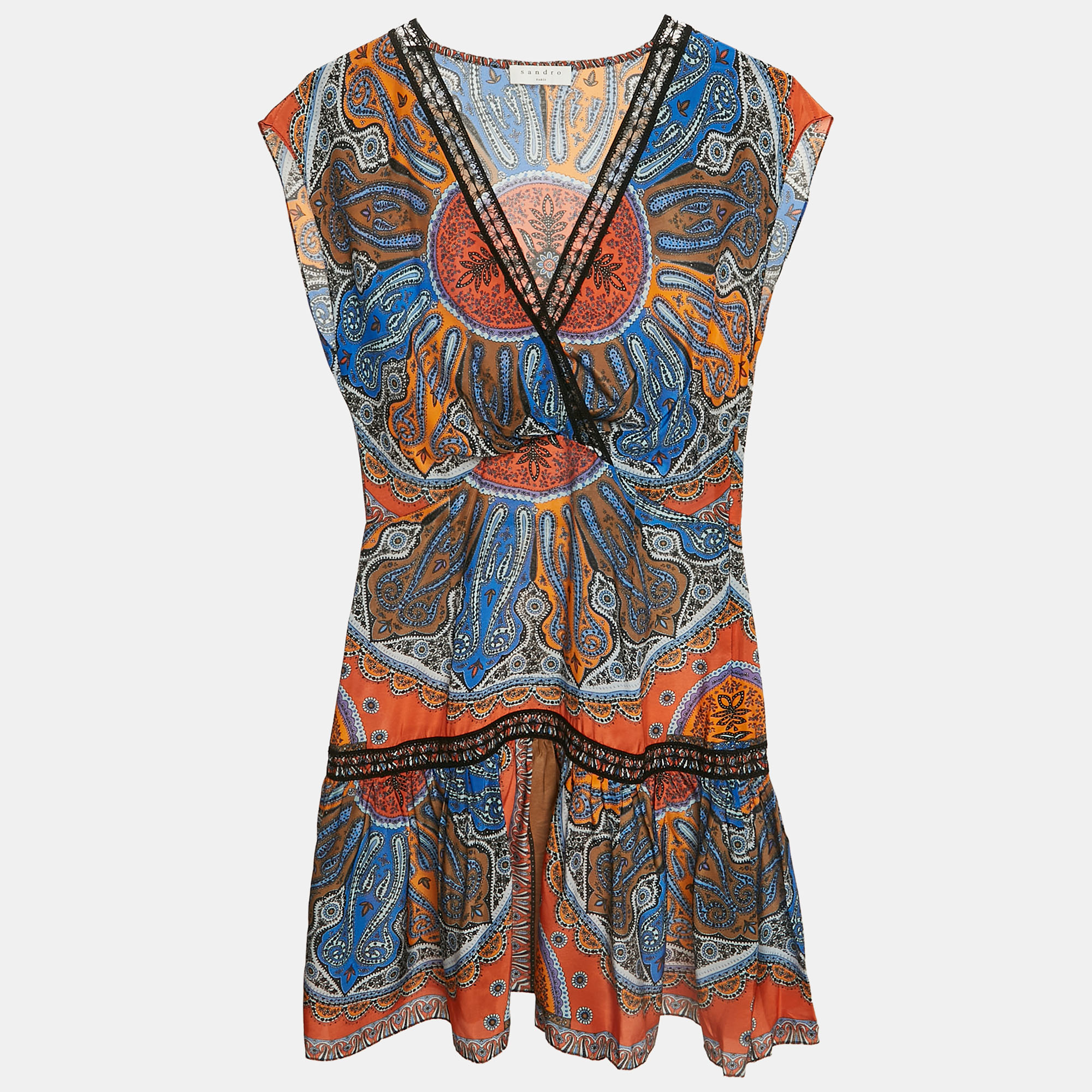 Sandro Blue/Orange Paisley Print Crepe and Lace Trim Mini Dress XS
Sandro Blue/Orange Paisley Print Crepe and Lace Trim Mini Dress XS