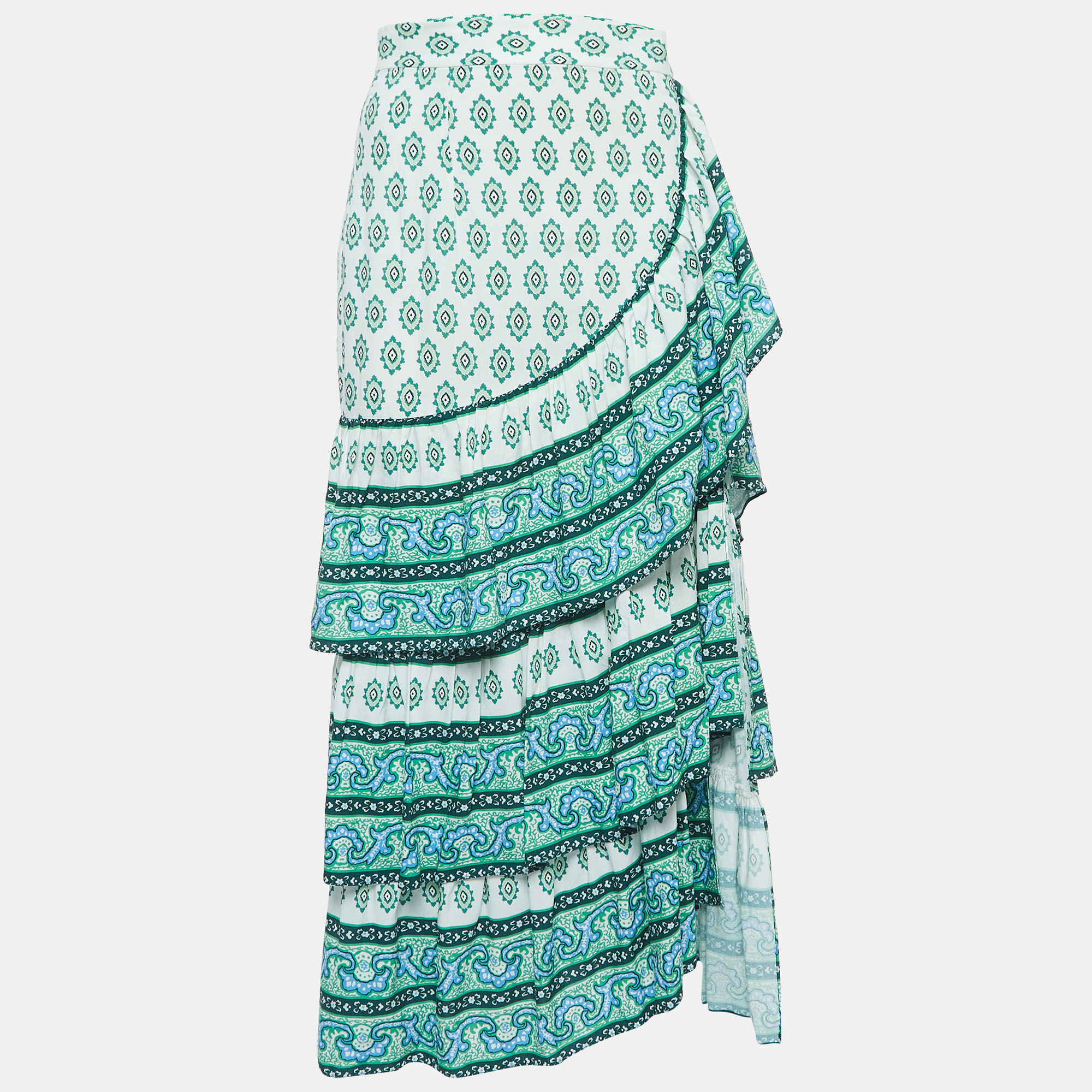 Sandro white/green print cotton tiered midi skirt s