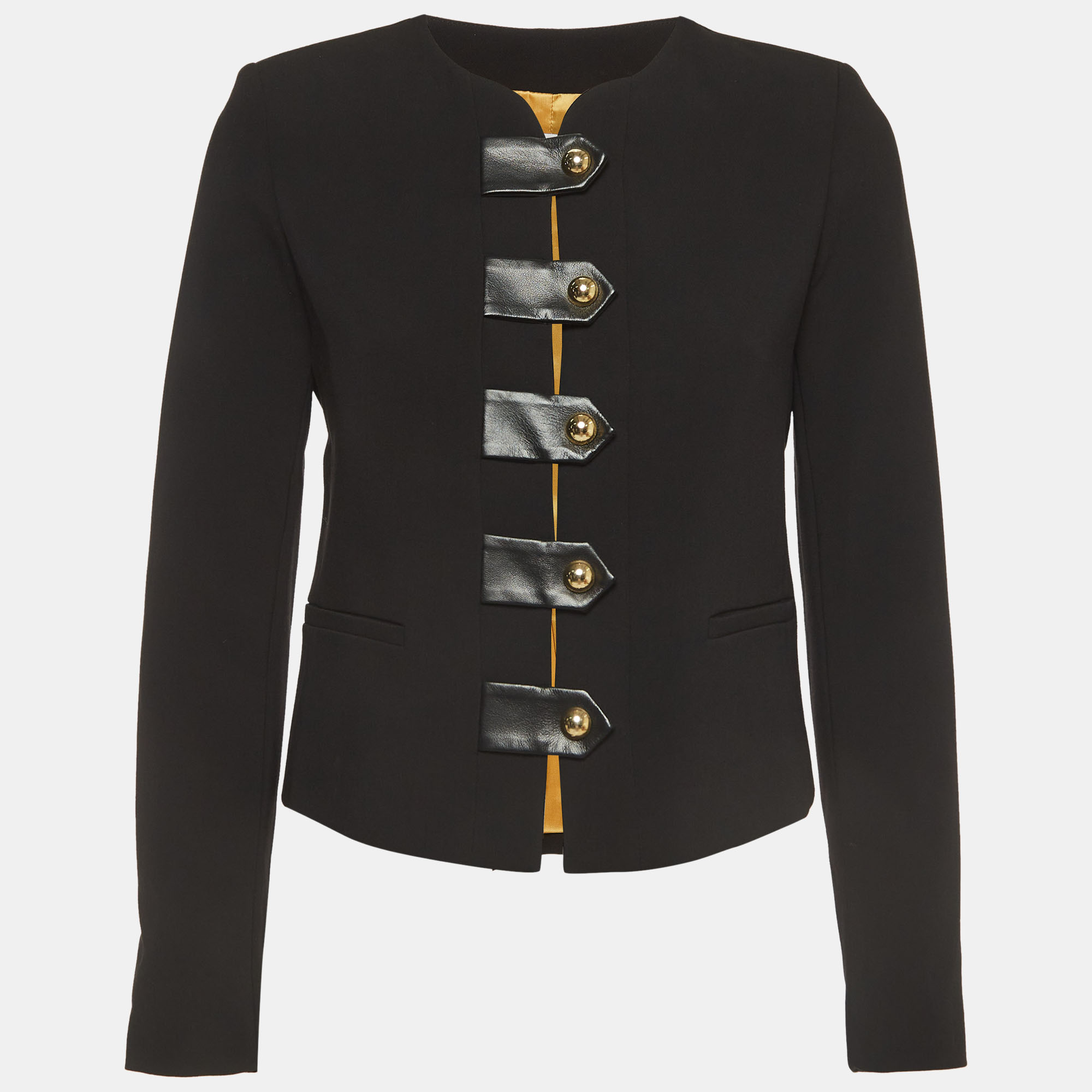 Sandro black crepe leather trim buttoned blazer xs