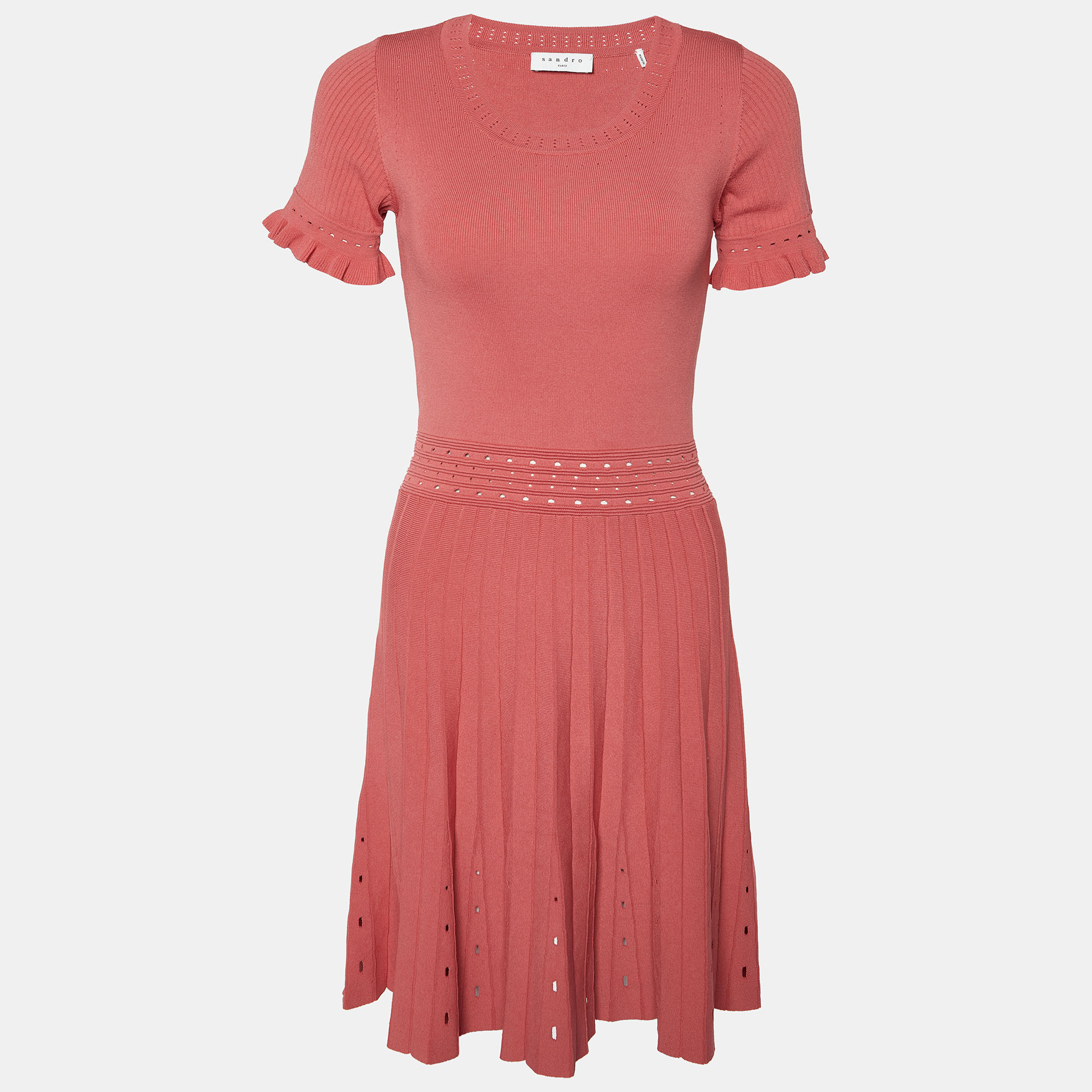 

Sandro Coral Pink Eyelet Knit Etor Pleated Dress
