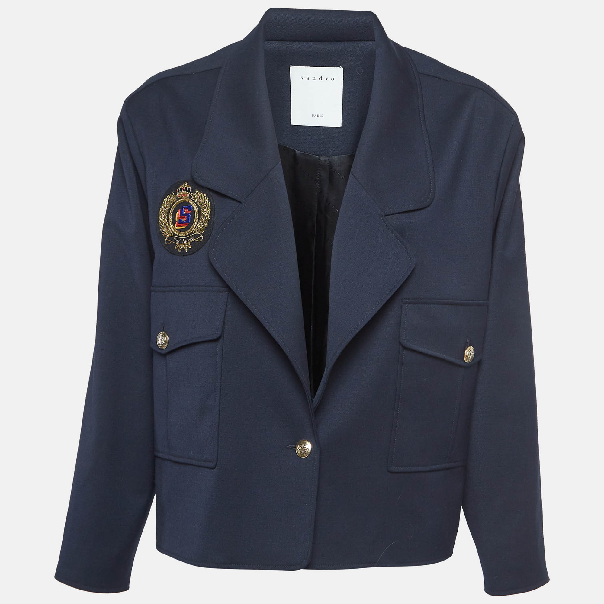 Sandro navy blue wool crest patch detail short blazer m