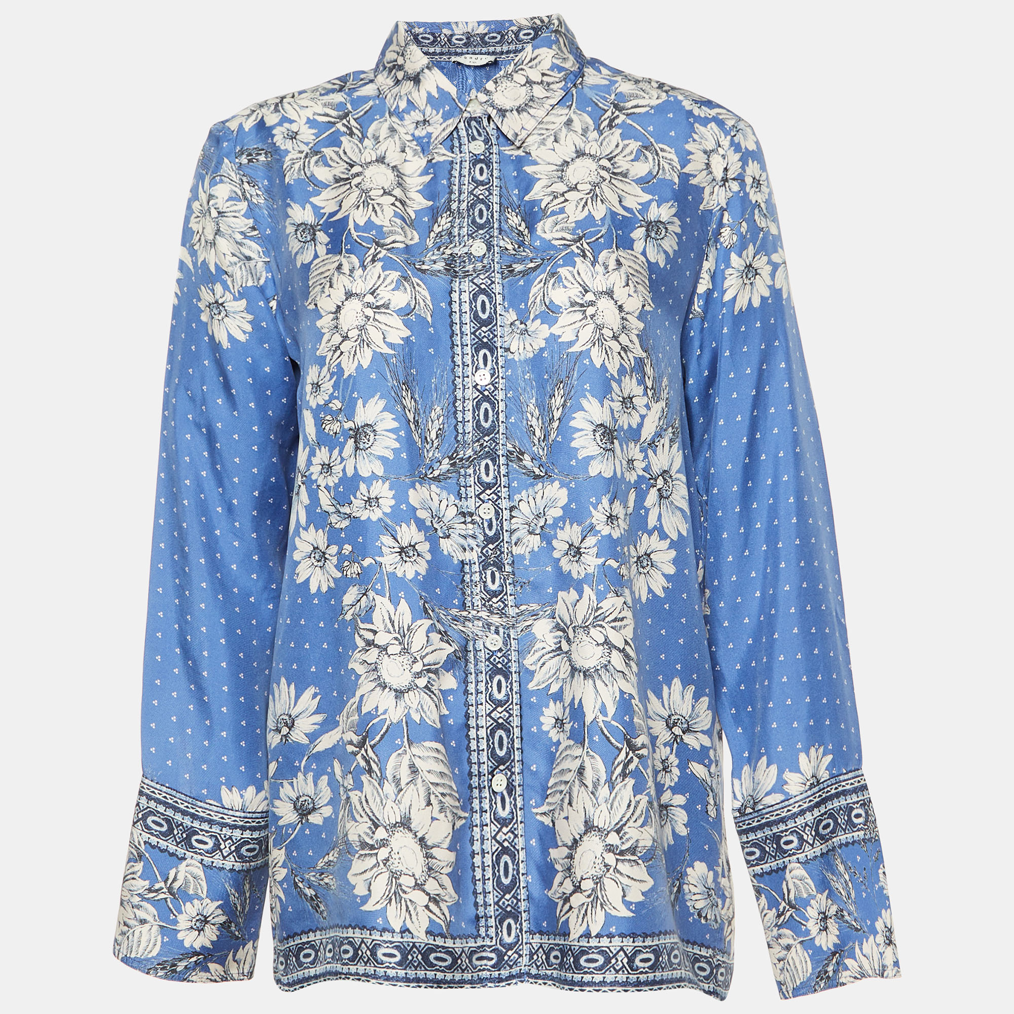Sandro blue printed silk twill shirt m