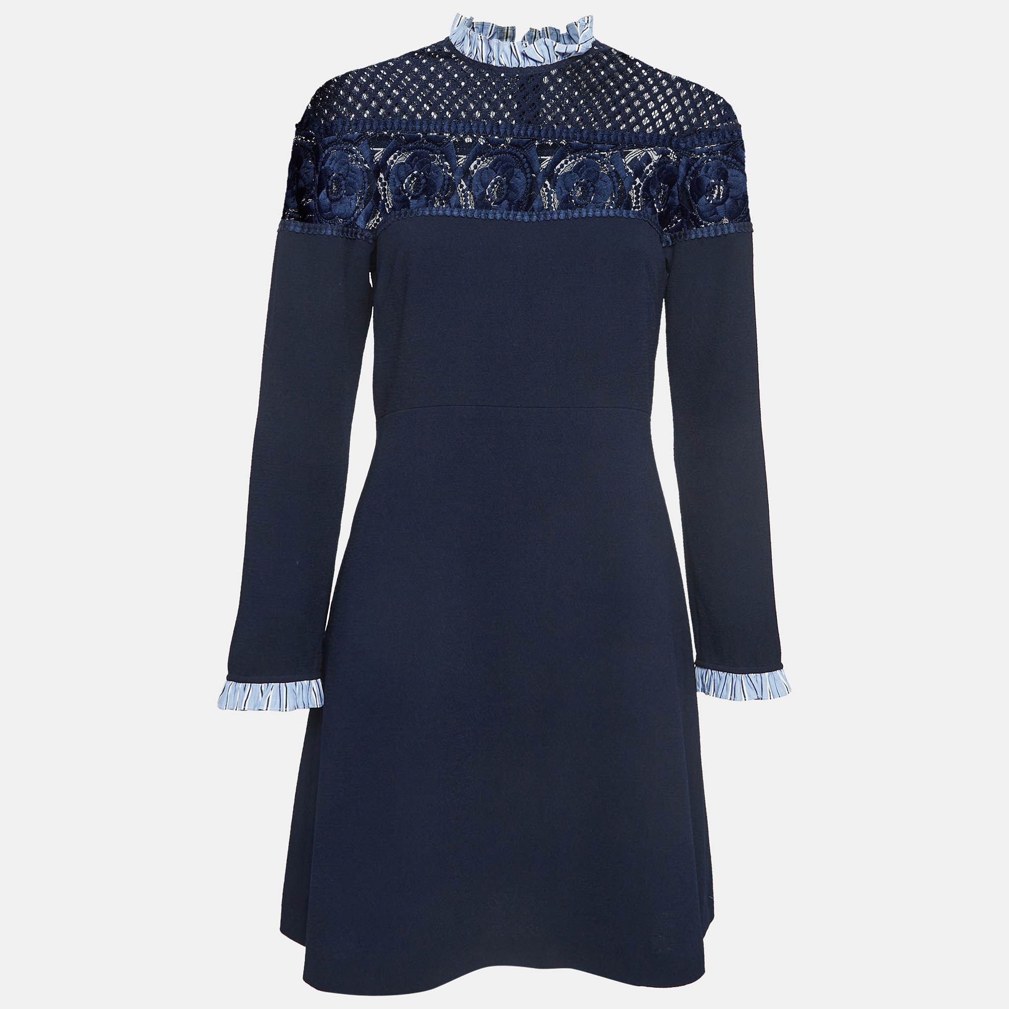 Sandro navy blue crepe & lace mini dress l