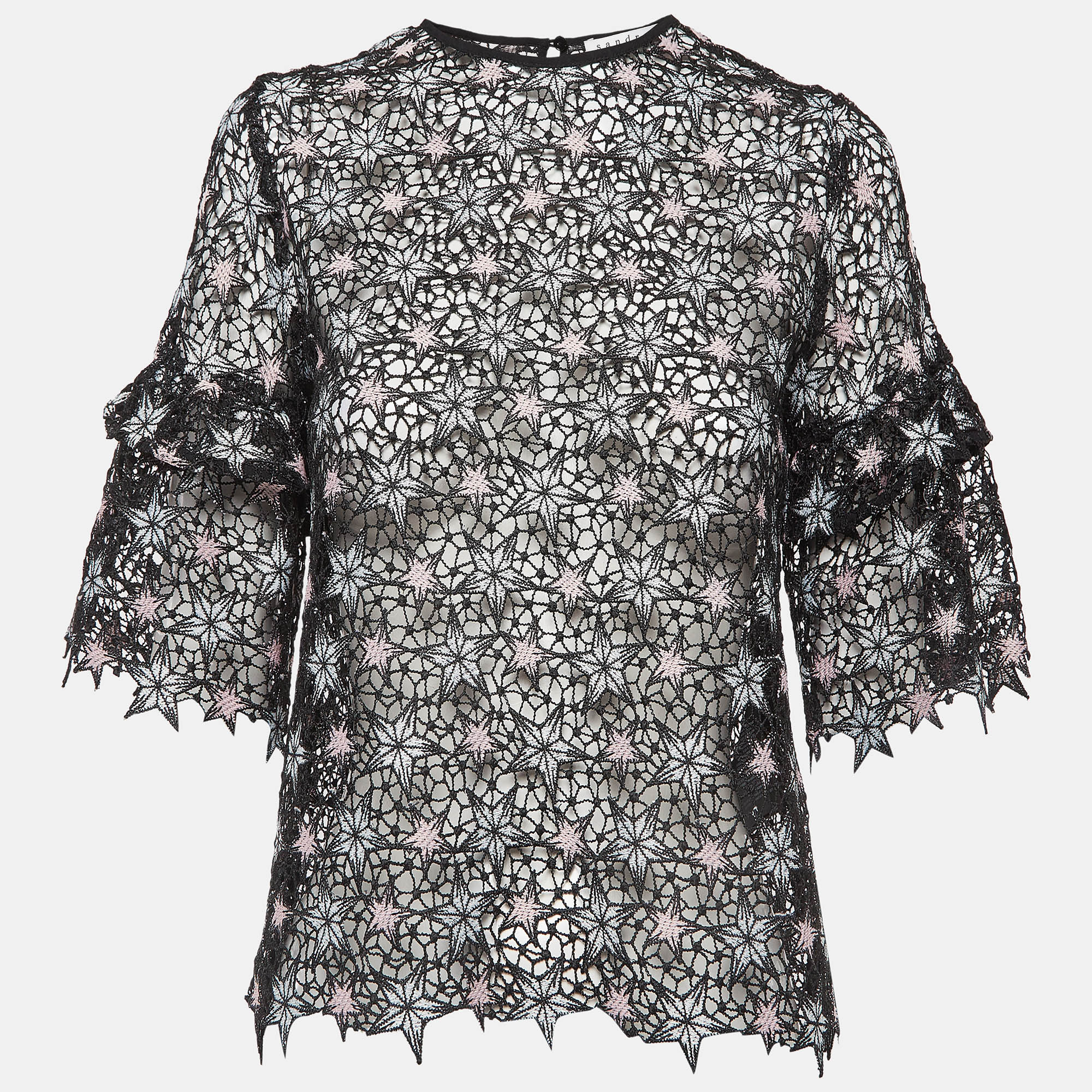Sandro black star pattern lace flared sleeve top s