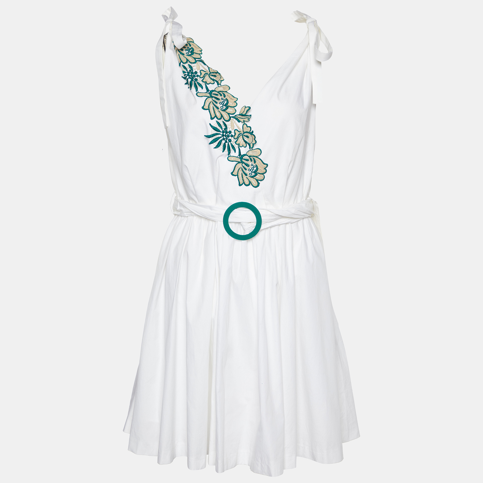 

Sandro White Cotton Applique Detail Belted Mini Dress