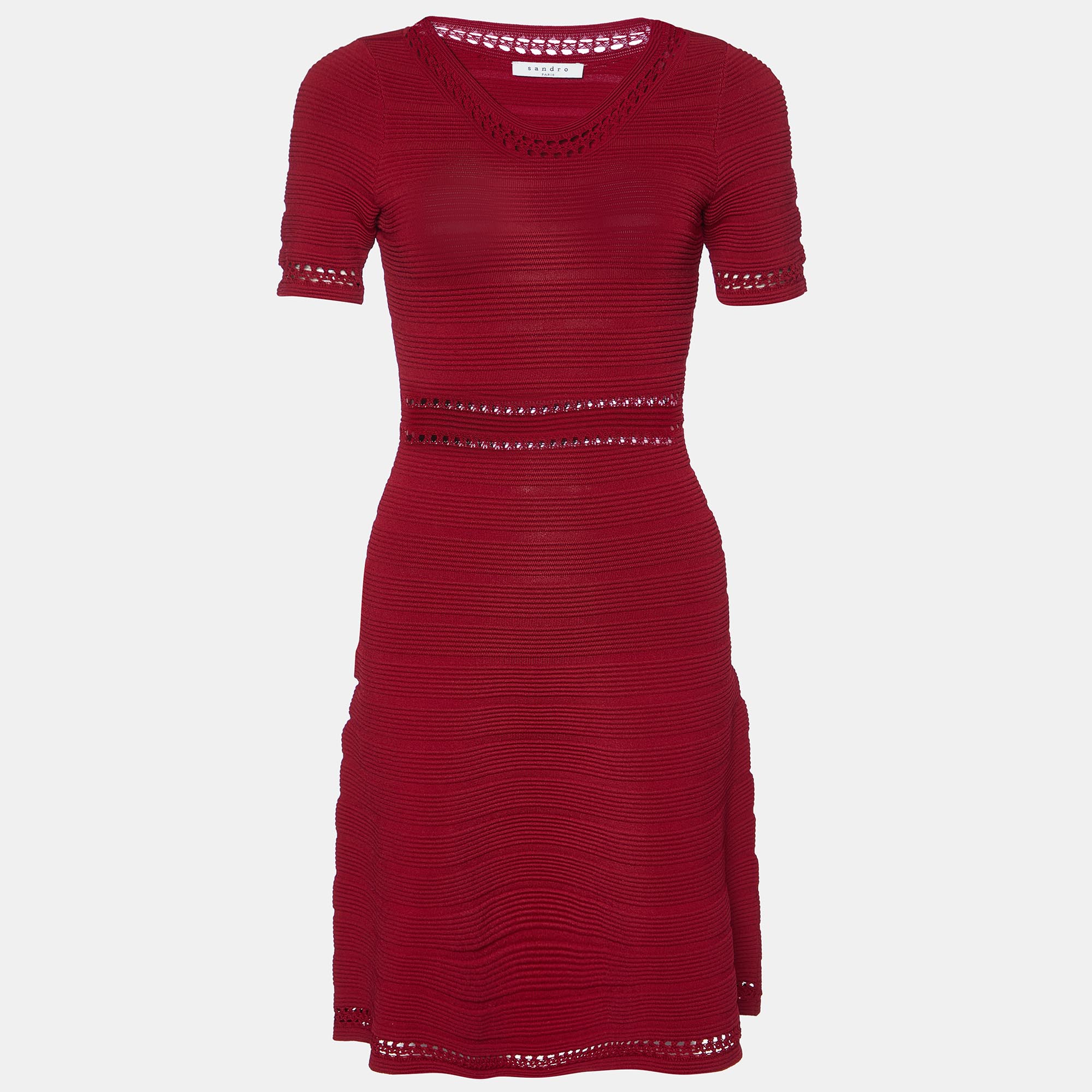 Sandro red textured stretch knit flared dress s