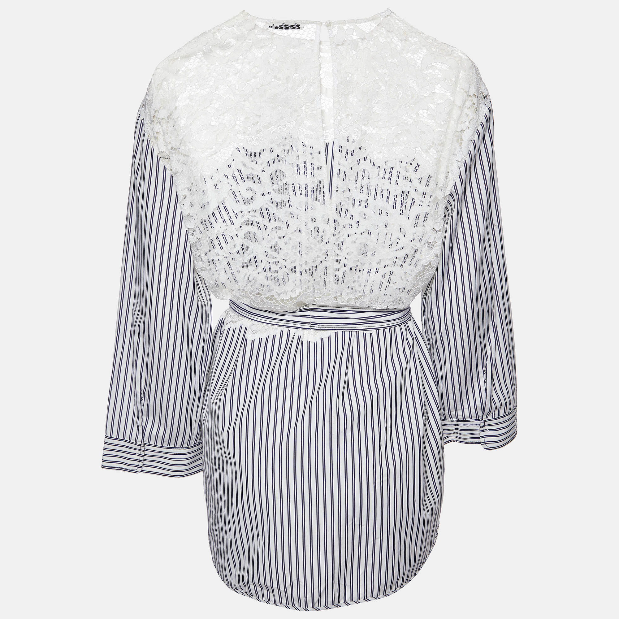 Sandro White/Blue Striped Cotton Lace Trim Dorothee Top L