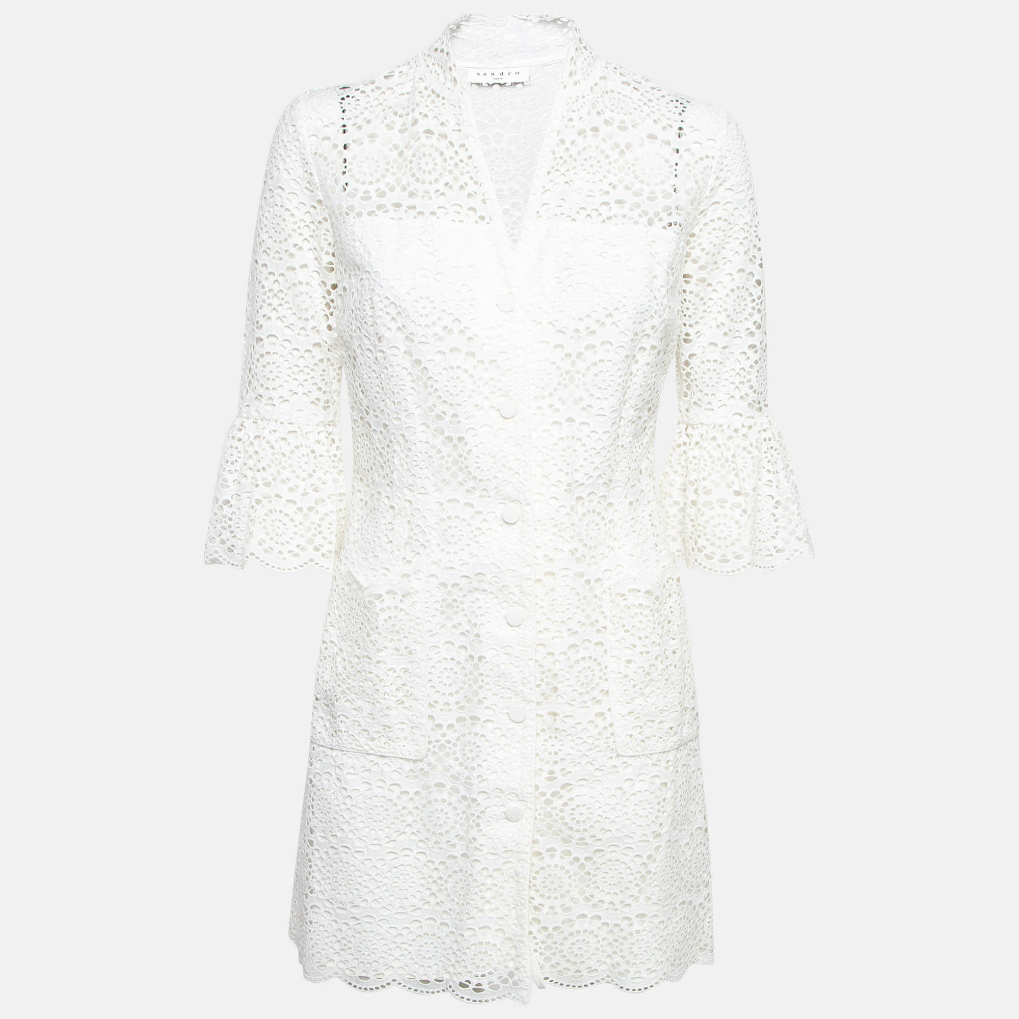 Sandro white floral lace buttoned front mini dress m