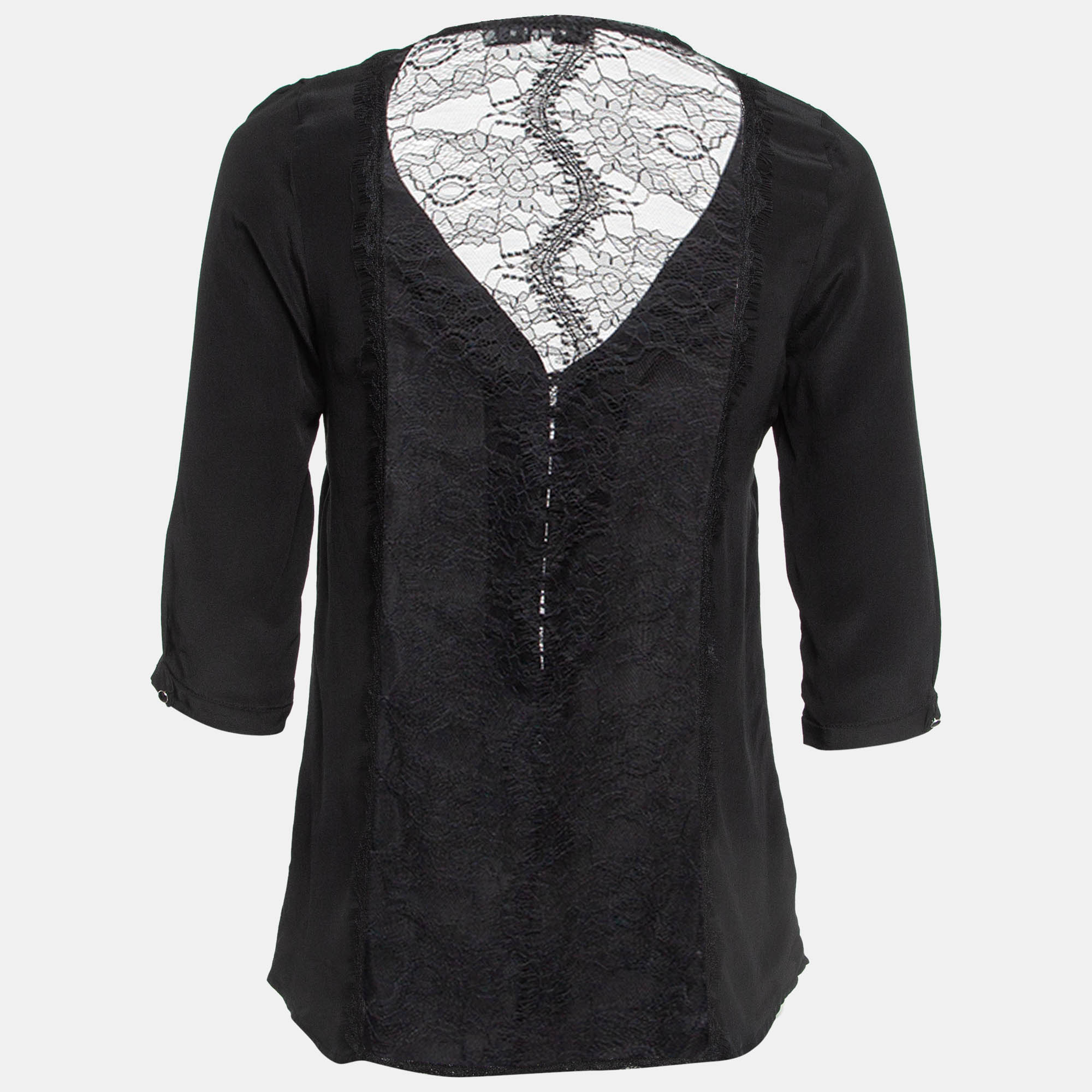 Sandro Black Silk Lace Trim Top S