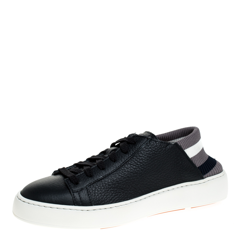 Image of Santoni Dark Blue Leather and Elastic Band Lace Low Top Sneakers Size .