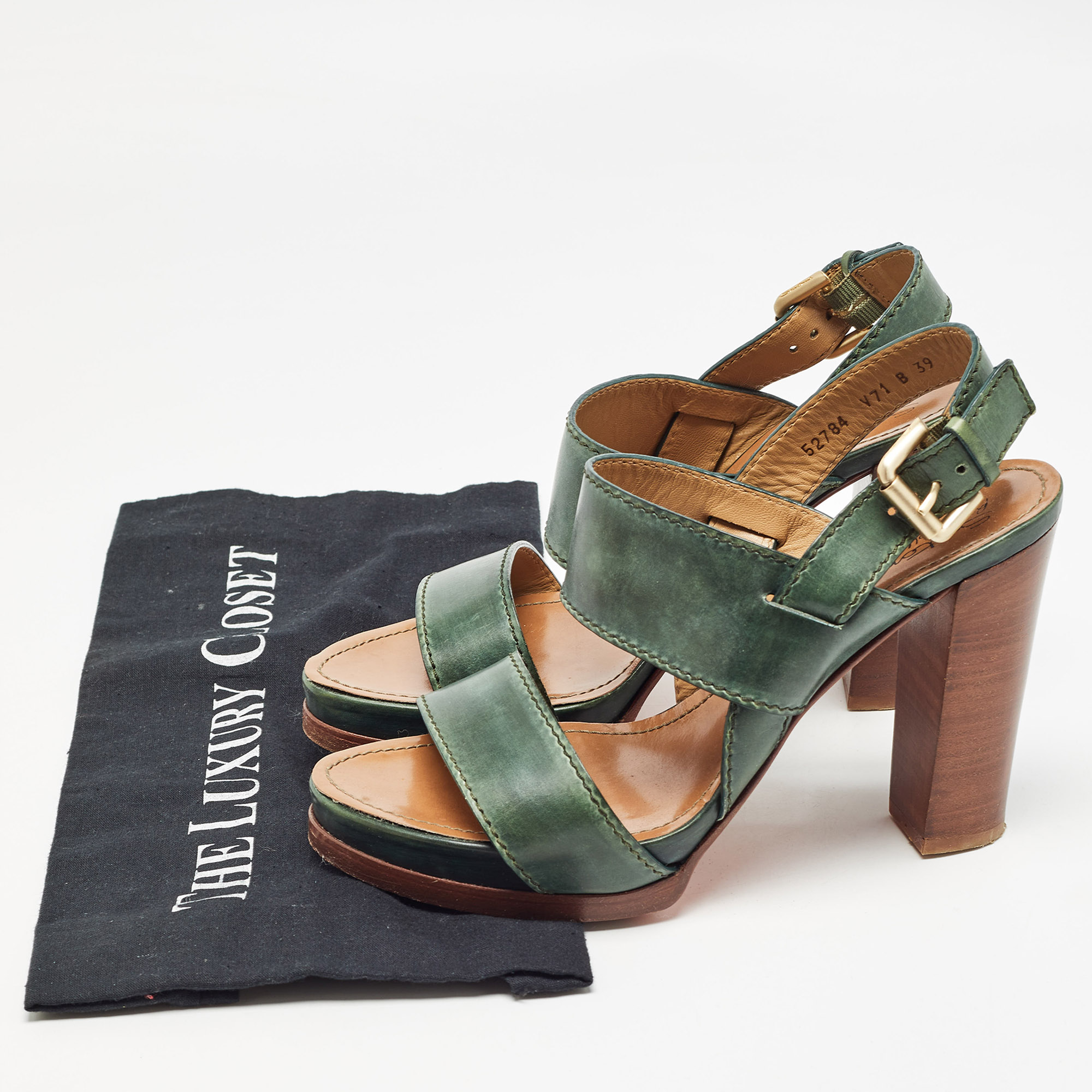 Santoni Green Leather Platform Block Heel Ankle Strap Sandals Size 39