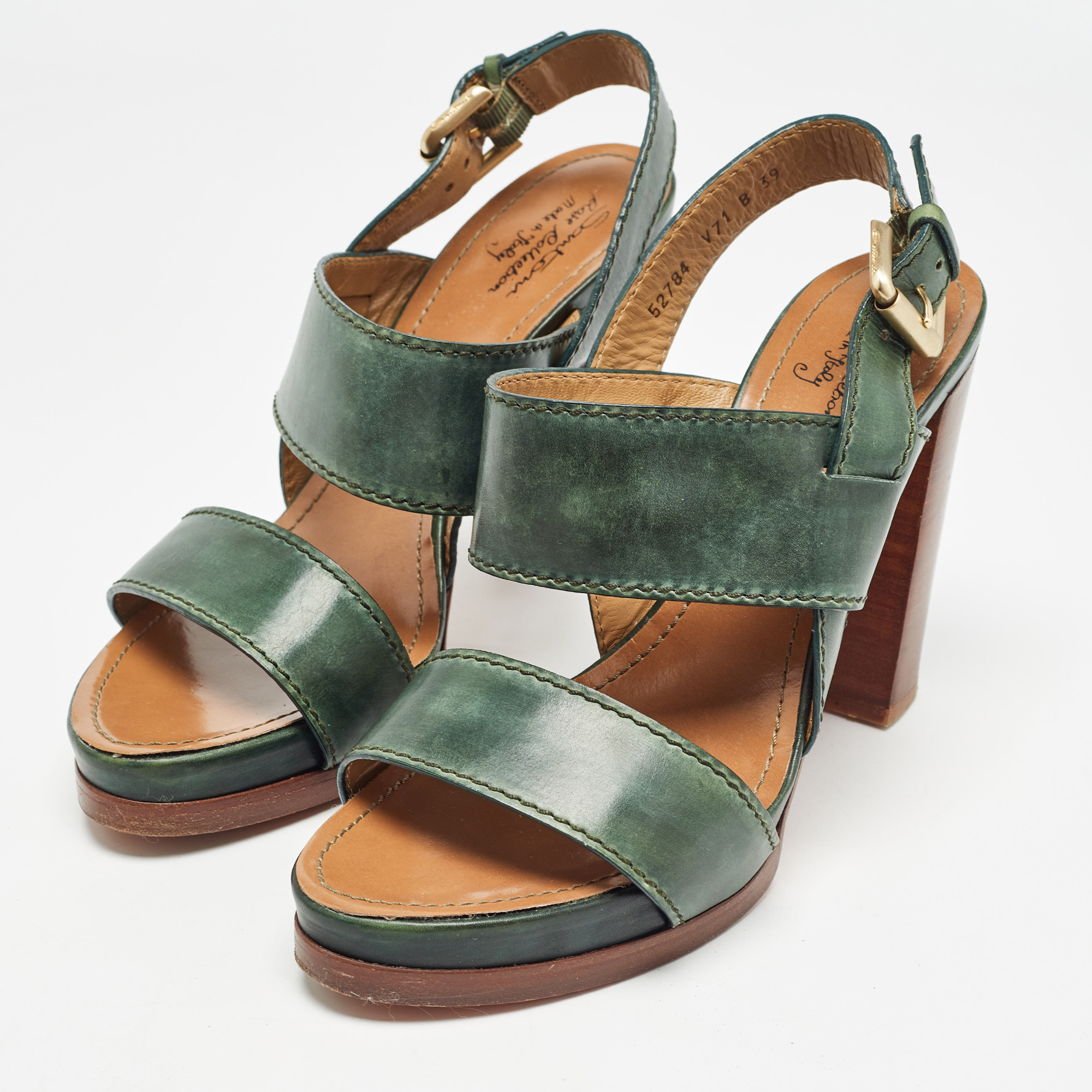 Santoni Green Leather Platform Block Heel Ankle Strap Sandals Size 39