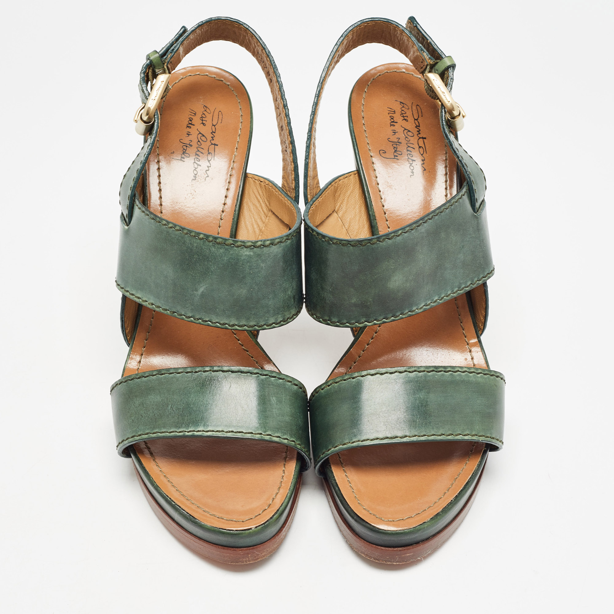 Santoni Green Leather Platform Block Heel Ankle Strap Sandals Size 39