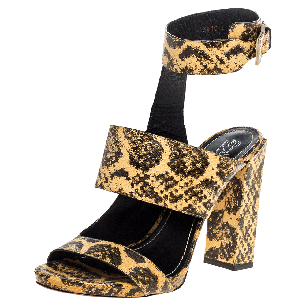 Image of Santoni Beige/Black Python Leather Open Toe Ankle Wrap Sandals Size