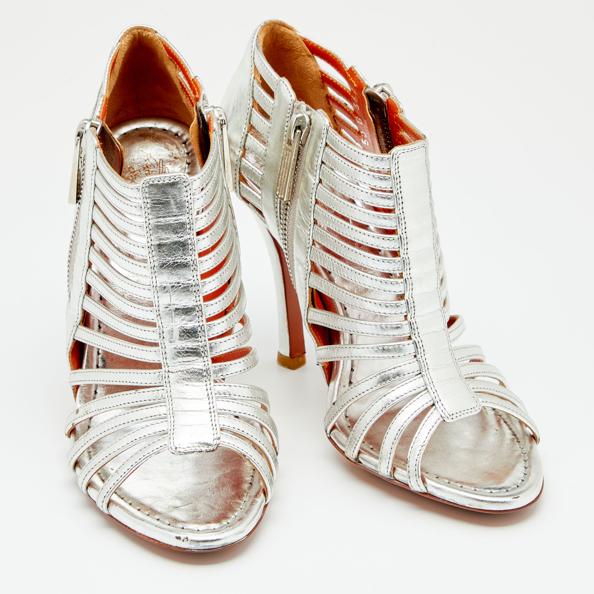 Santoni Silver Leather Caged Peep Toe Sandals Size 36