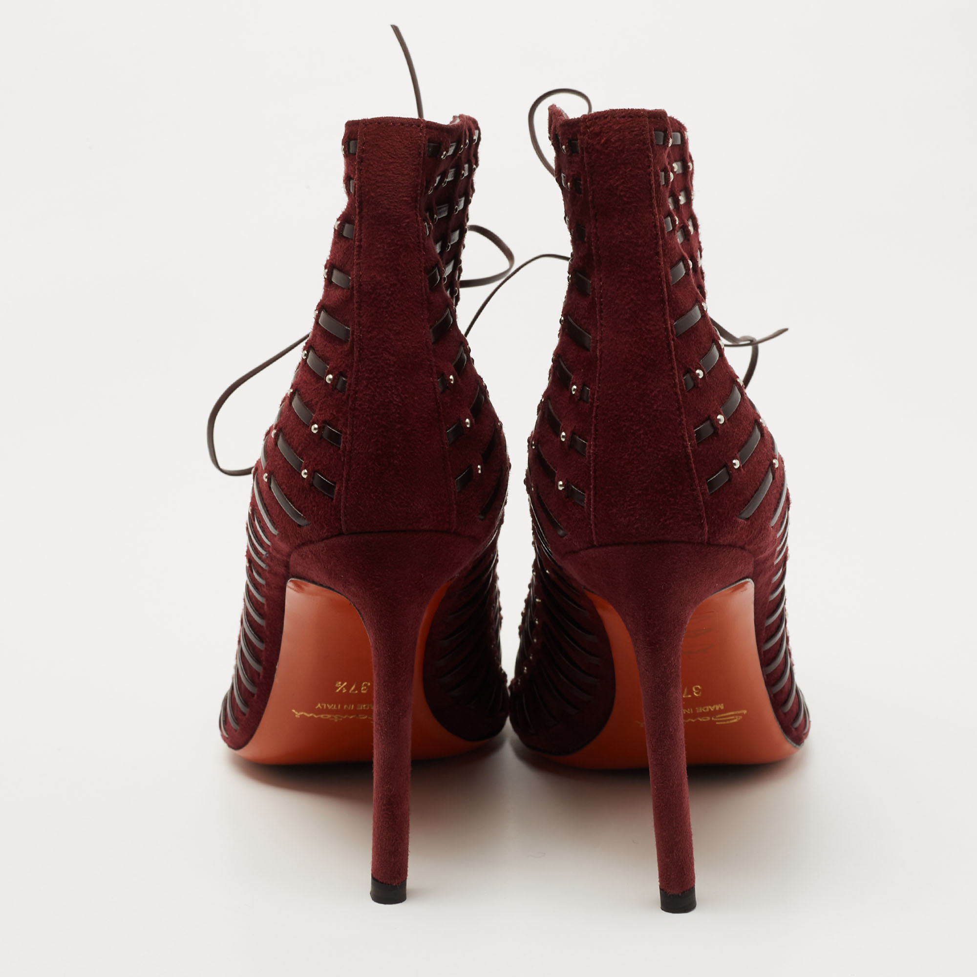 Santoni Burgundy Suede And Leather Peep Toe Lace Up Ankle Booties Size 37.5