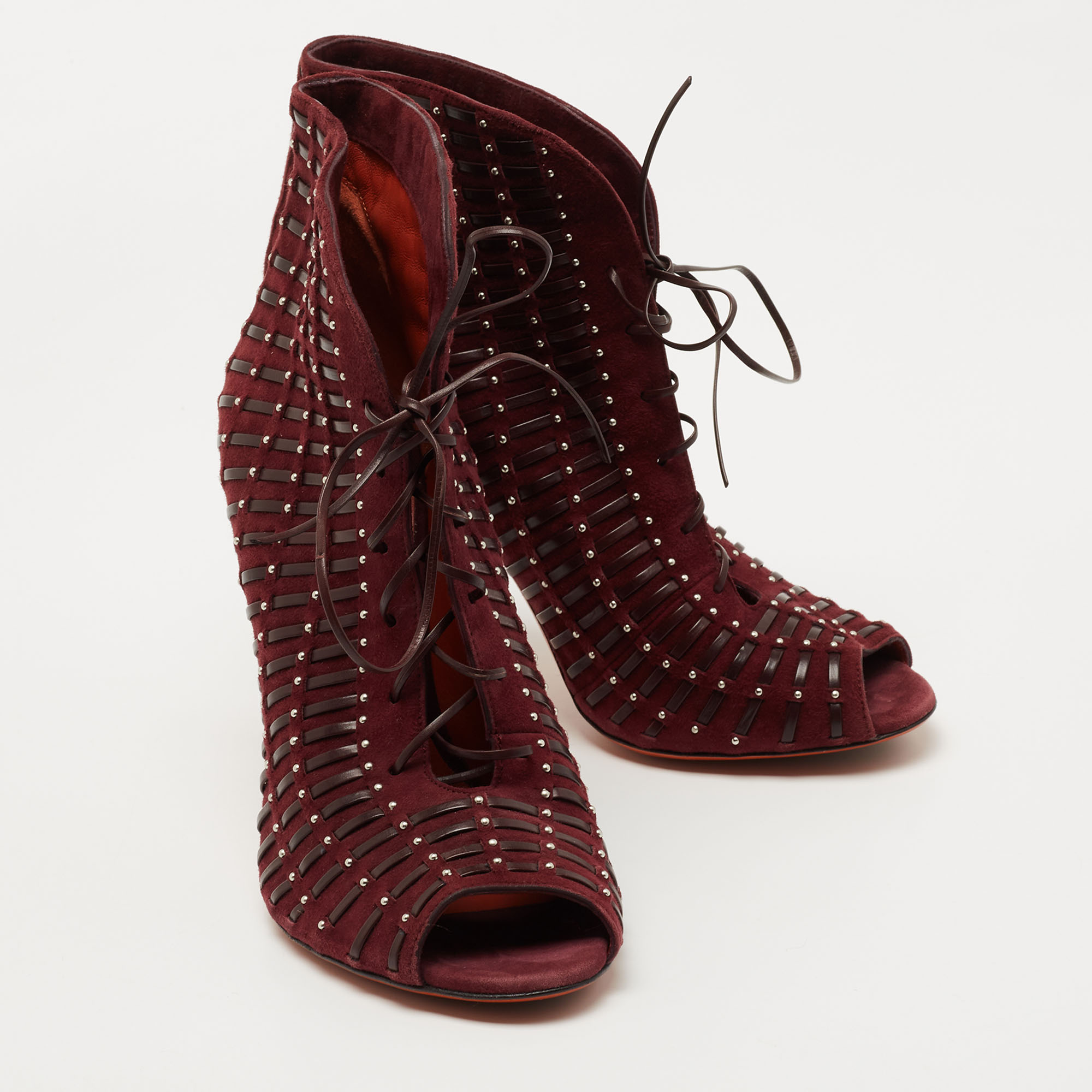 Santoni Burgundy Suede And Leather Peep Toe Lace Up Ankle Booties Size 37.5