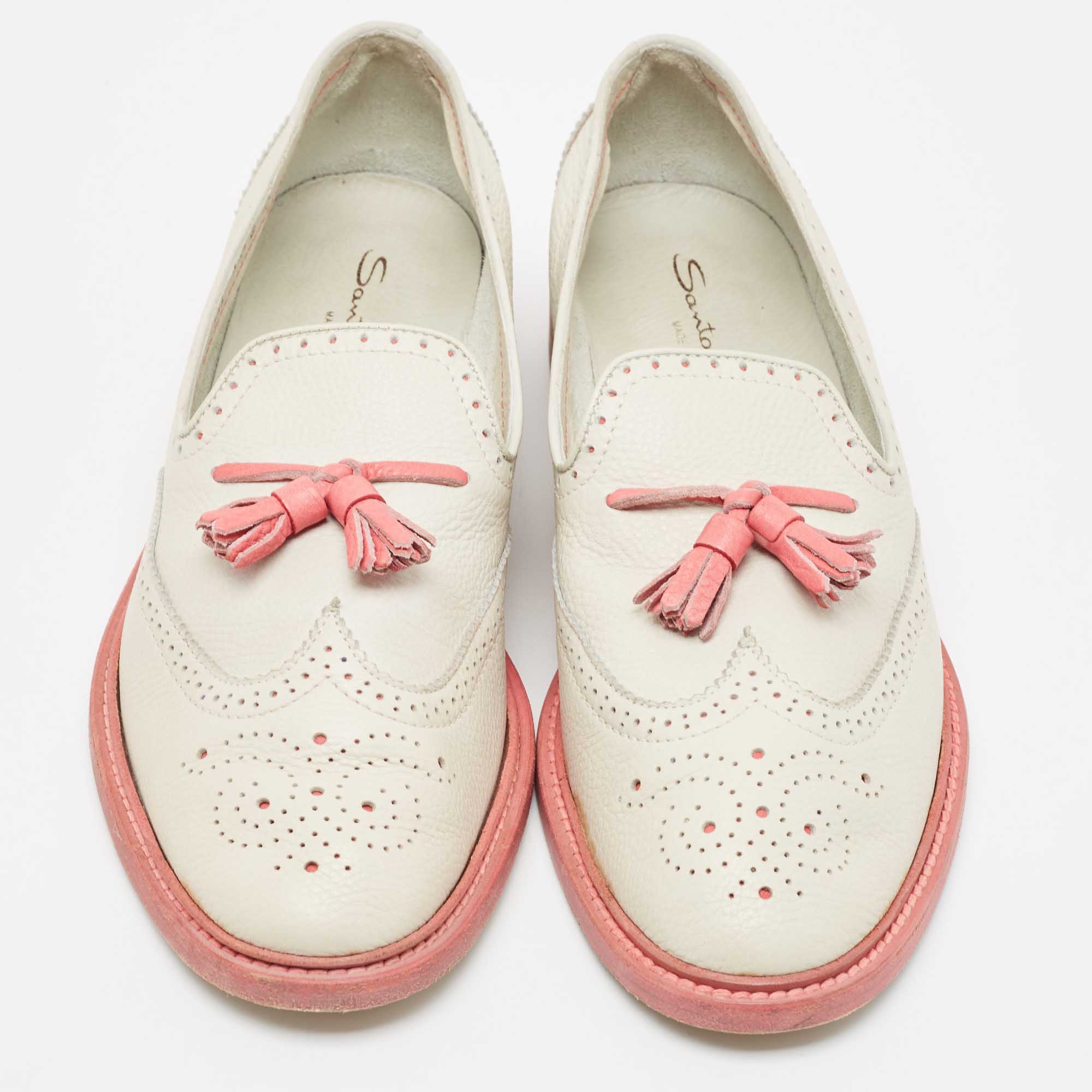 Santoni Light Grey/Pink Brogue Leather Fringe Detail Slip On Loafers Size 40