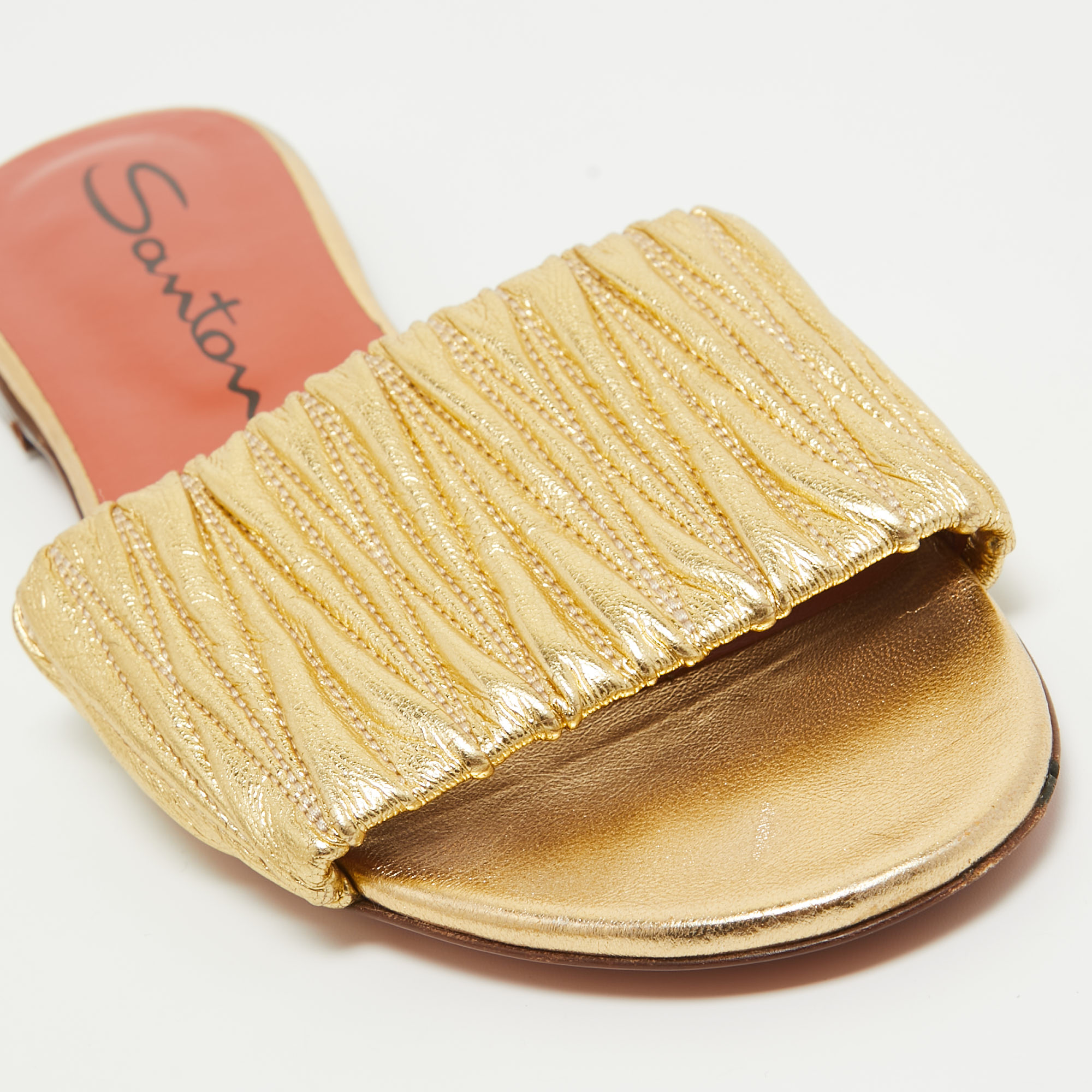 Santoni Gold Leather Flat Slides Size 40