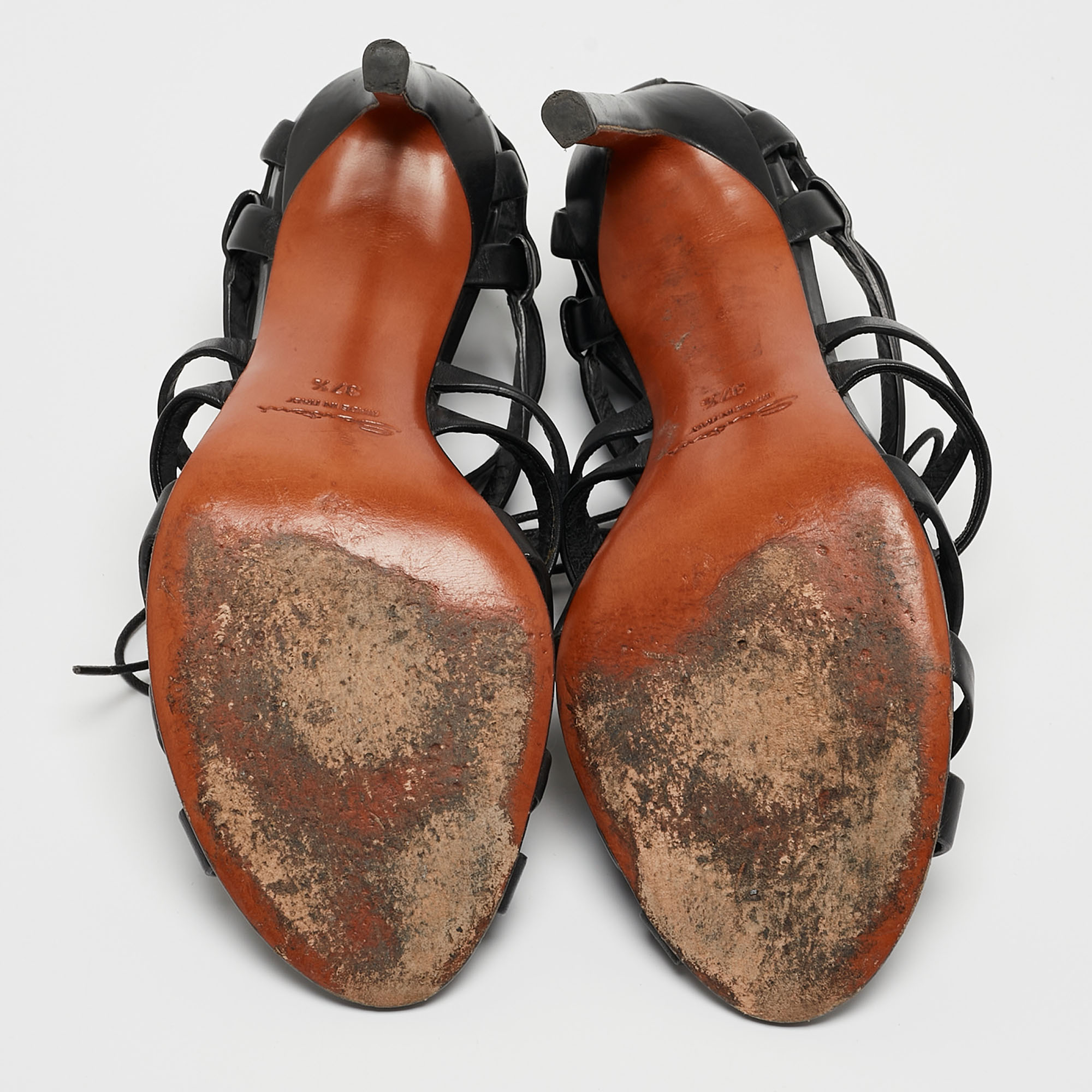 Santoni Black Leather Strappy Sandals Size 37.5