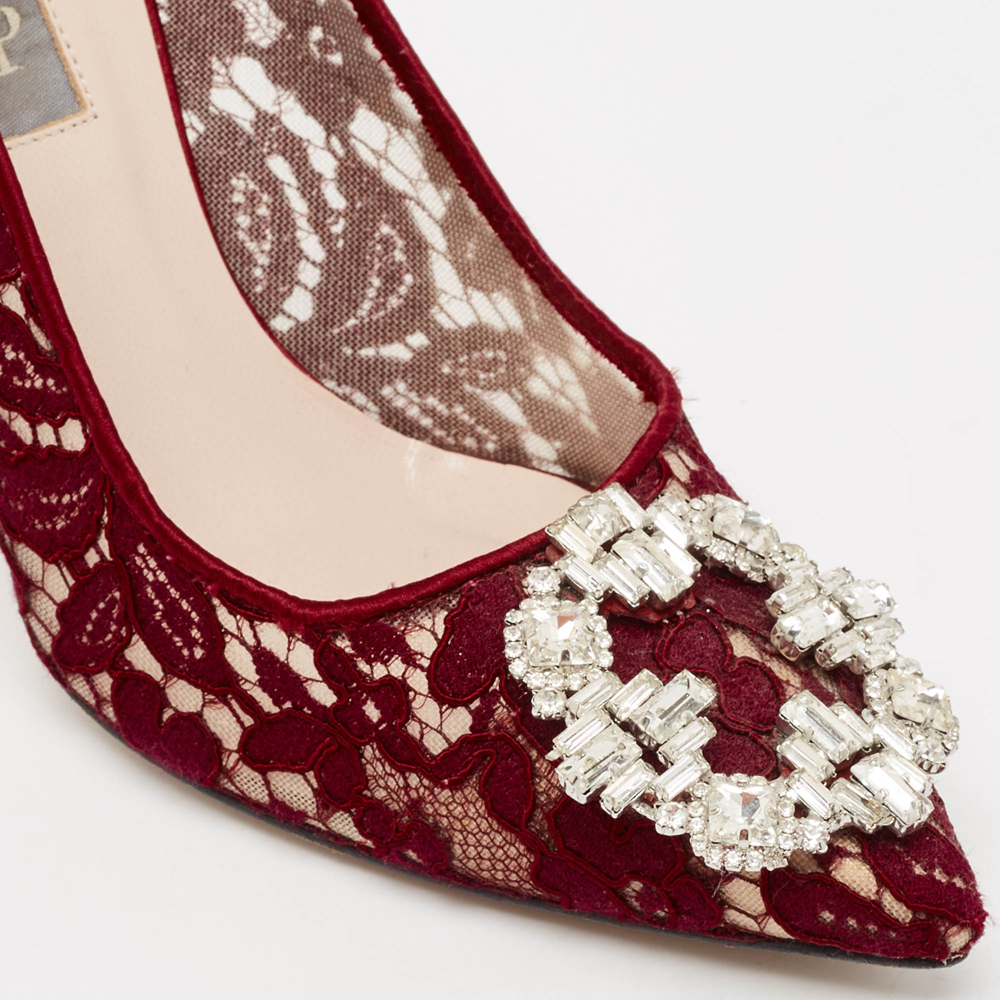 SJP Sarah Jessica Parker Burgundy Lace Crystal Embellished Buckle Pumps Size 37