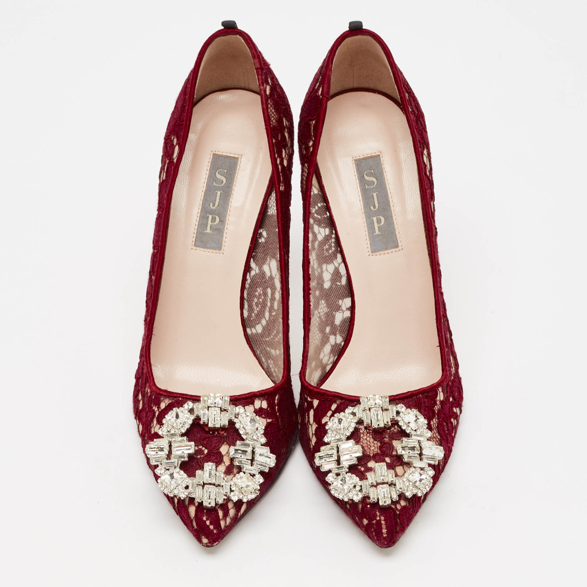 SJP Sarah Jessica Parker Burgundy Lace Crystal Embellished Buckle Pumps Size 37