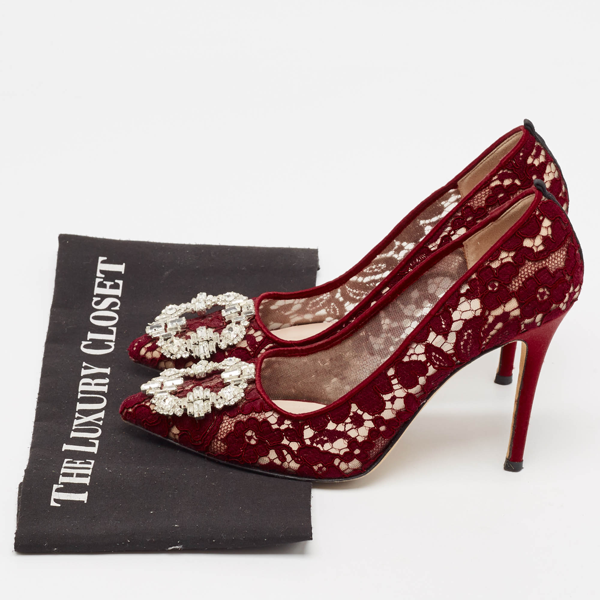 SJP Sarah Jessica Parker Burgundy Lace Crystal Embellished Buckle Pumps Size 37