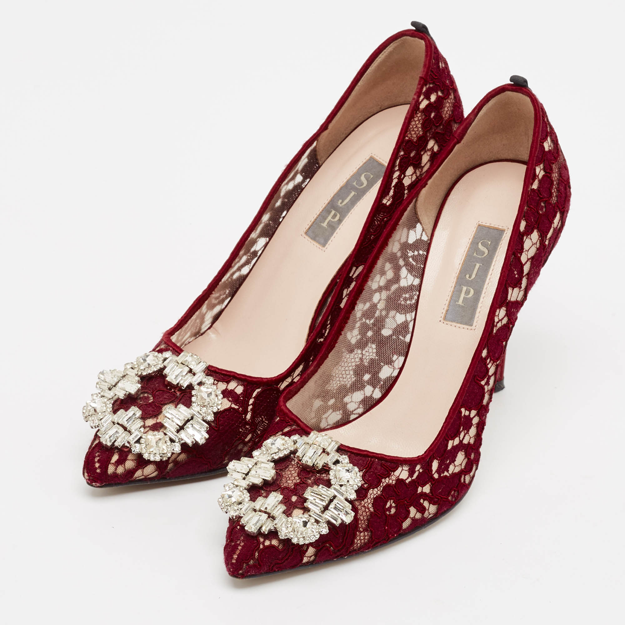 SJP Sarah Jessica Parker Burgundy Lace Crystal Embellished Buckle Pumps Size 37