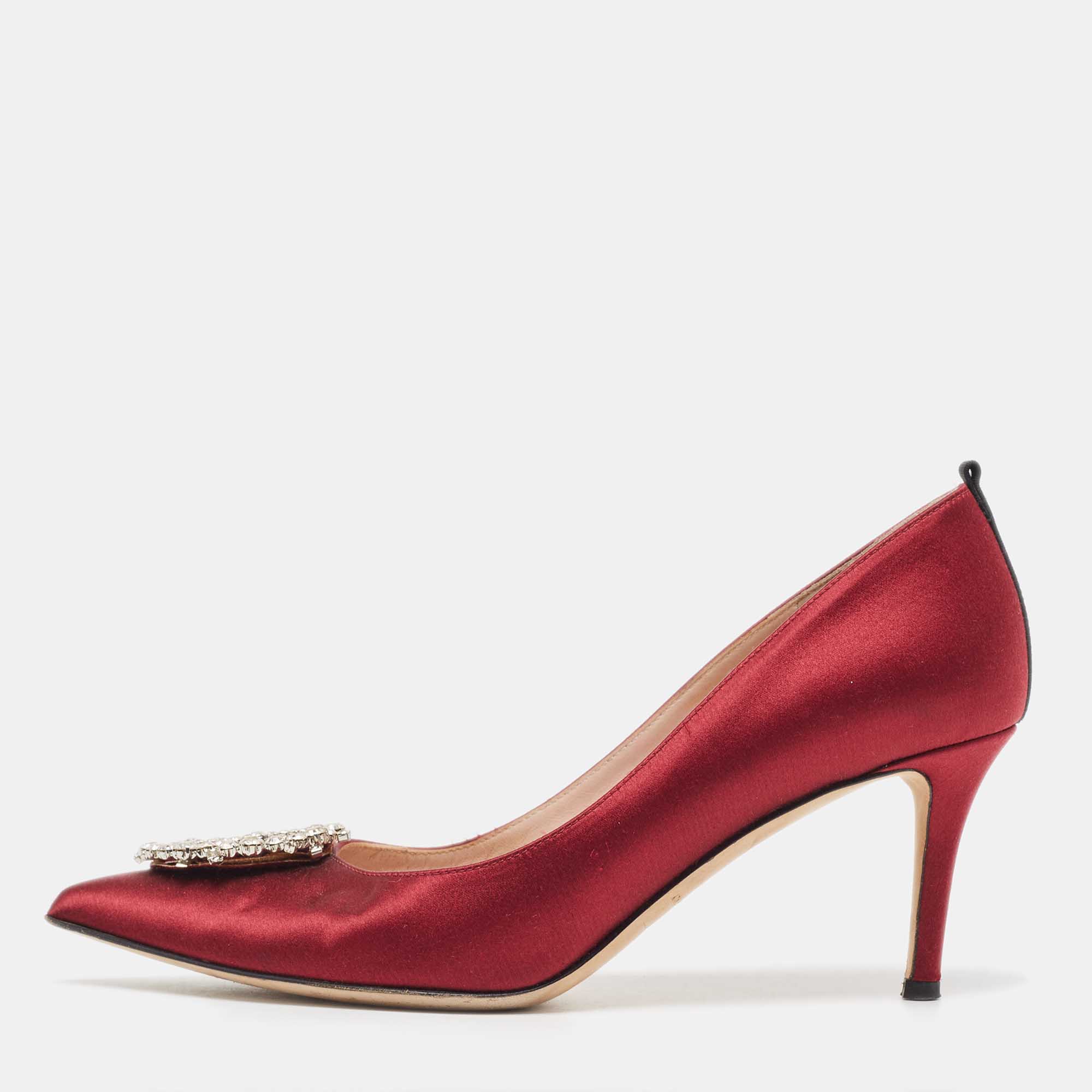 Sjp sarah jessica parker burgundy satin crystal embellished pumps size 37