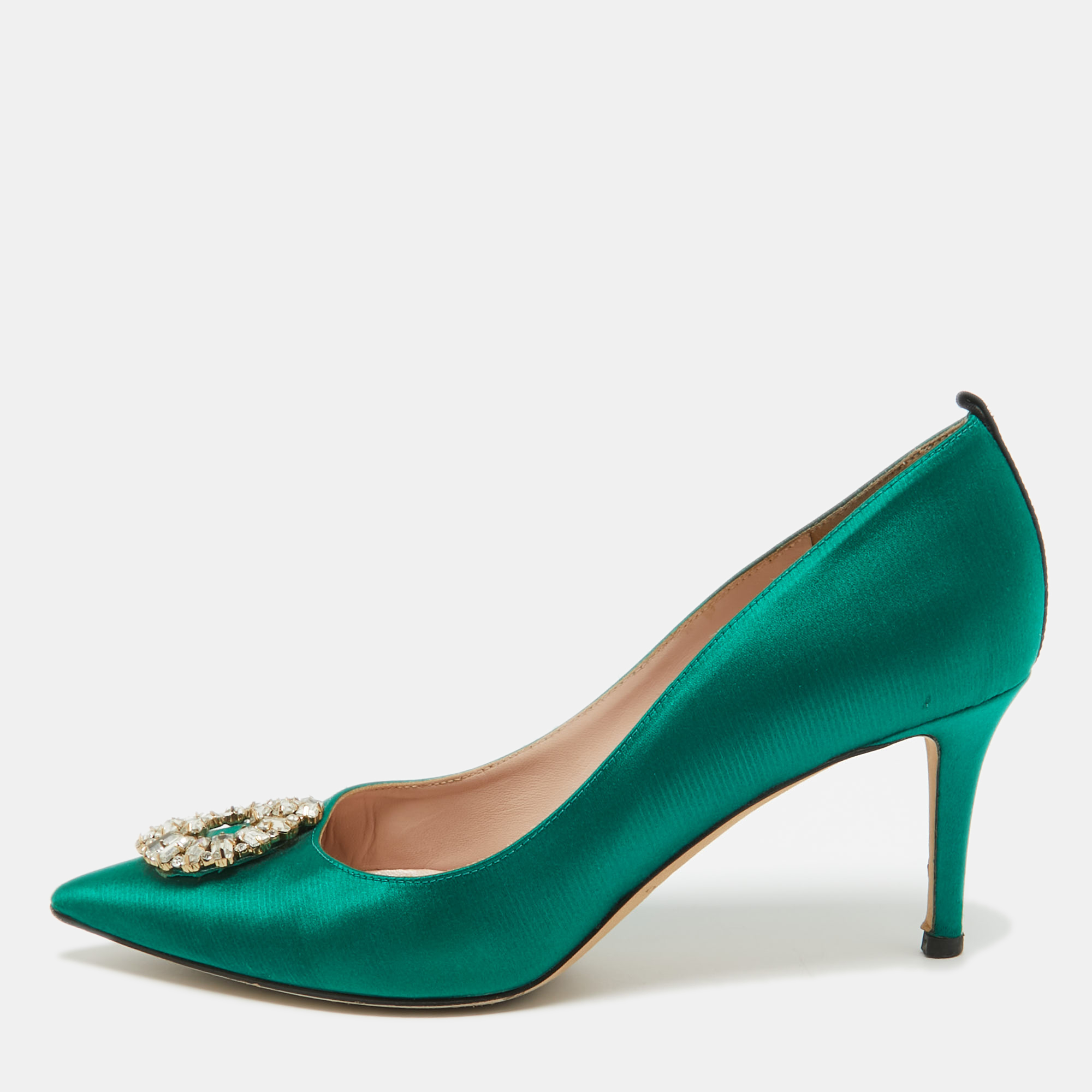 Sjp sarah jessica parker green satin crystal embellished pumps size 38