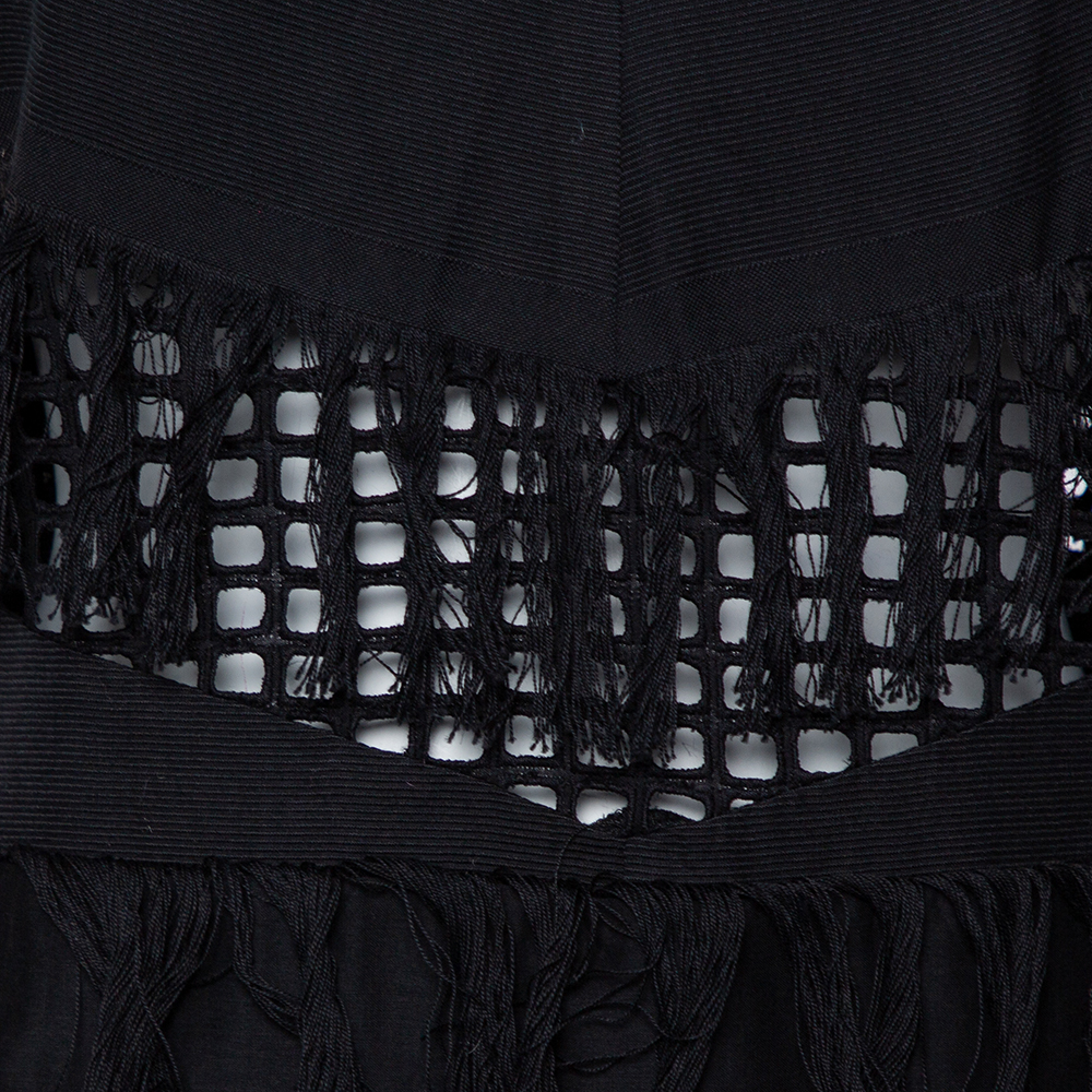 Sea Black Cotton Cutwork Paneled Fringed Midi Dress M