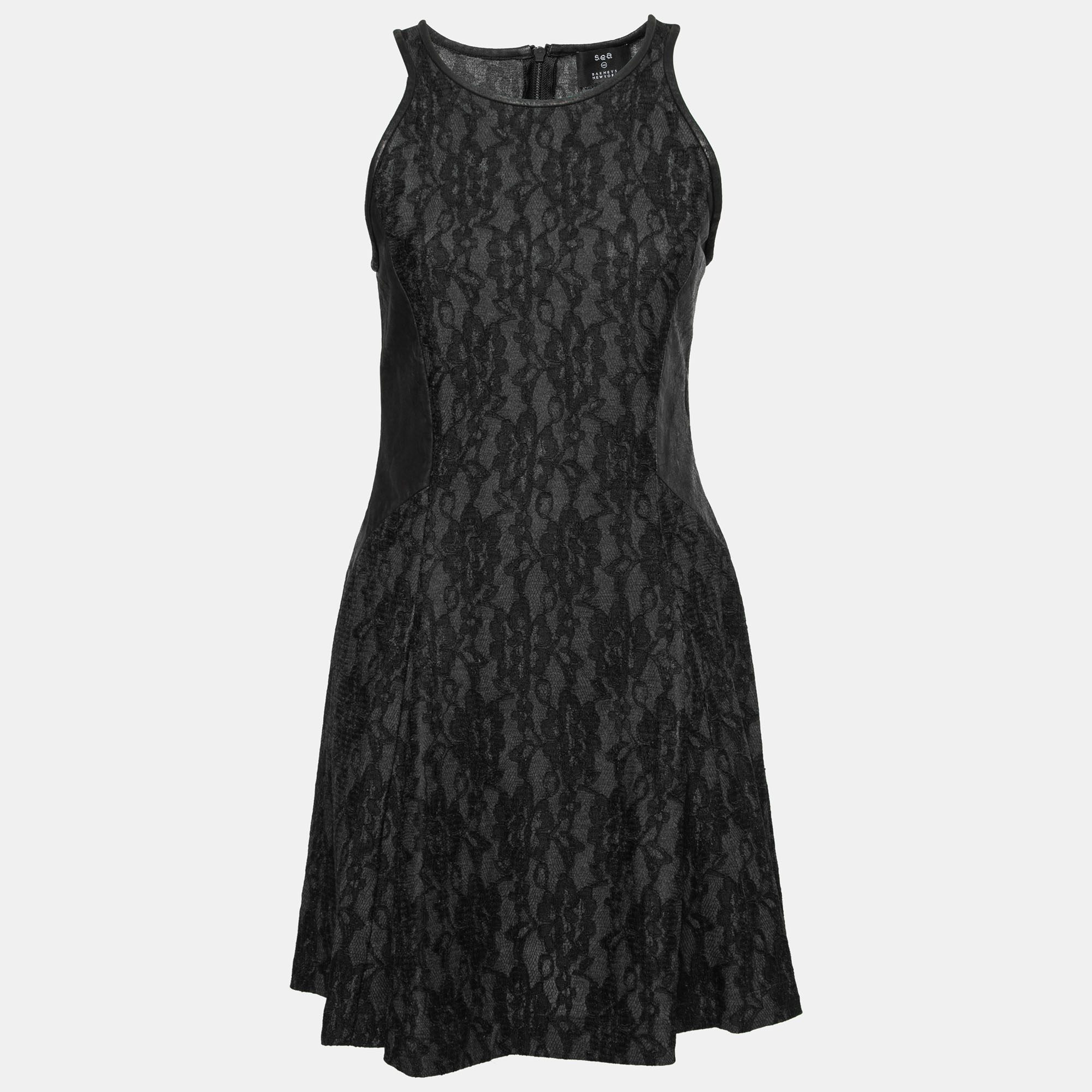 Sea Black Lace And Distressed Leather Panel Dress S