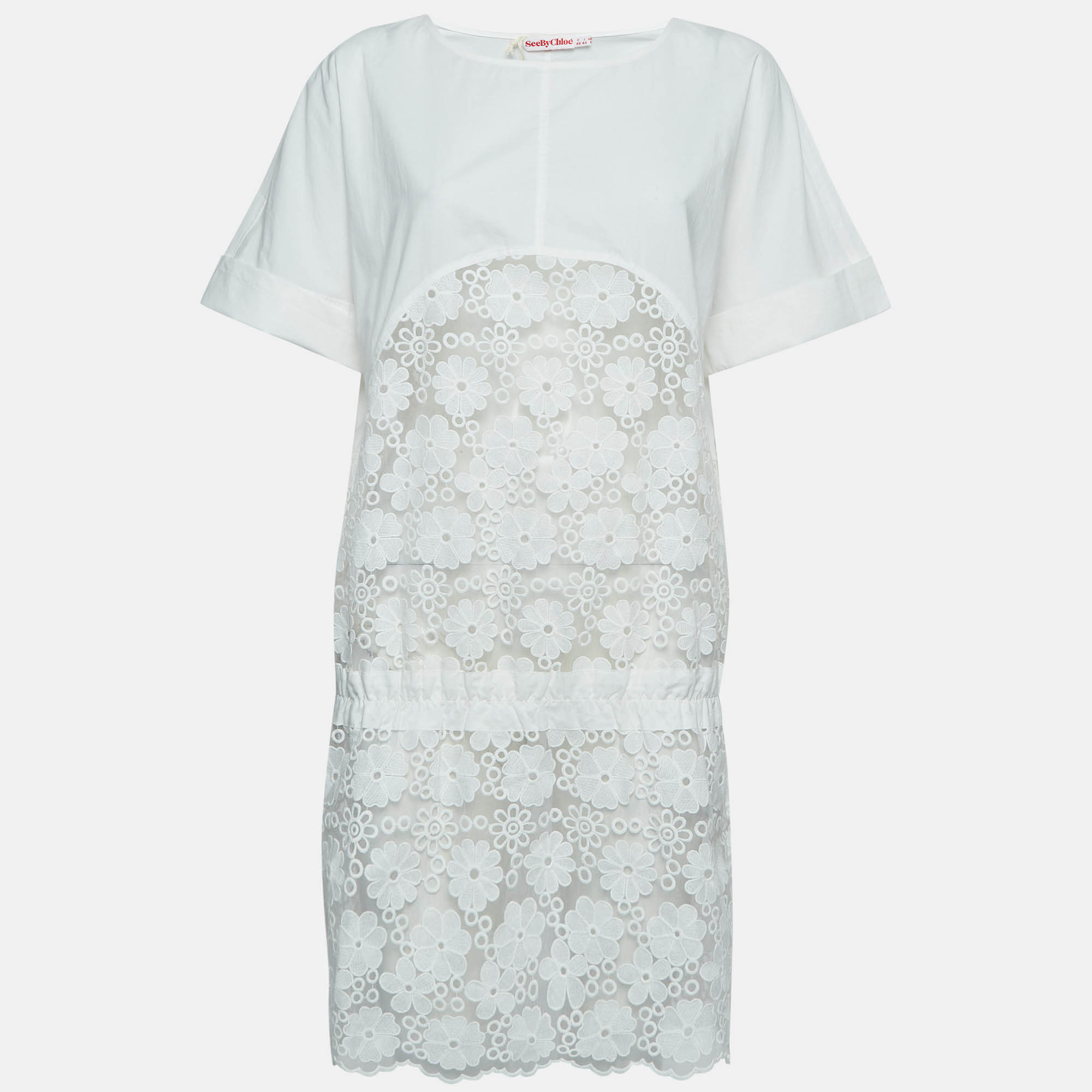 See by chlo&eacute; white floral embroidered cotton and nylon sheer short dress m