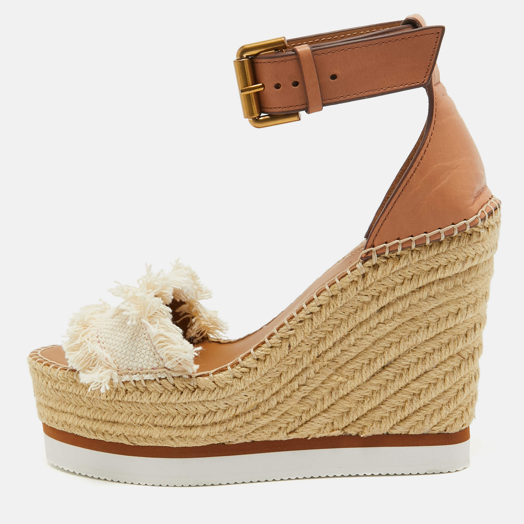 See By Chloe White/Brown Canvas And Leather Espadrille Wedge Sandals Size 36