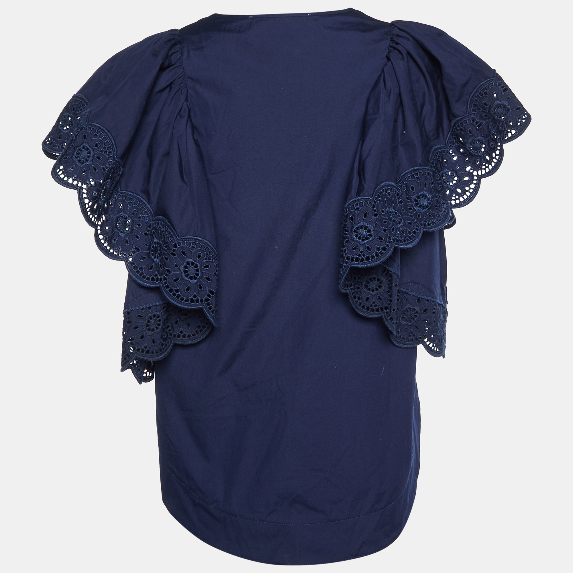 See By Chloe Blue Cotton Lace Trim Flared Sleeves Top S