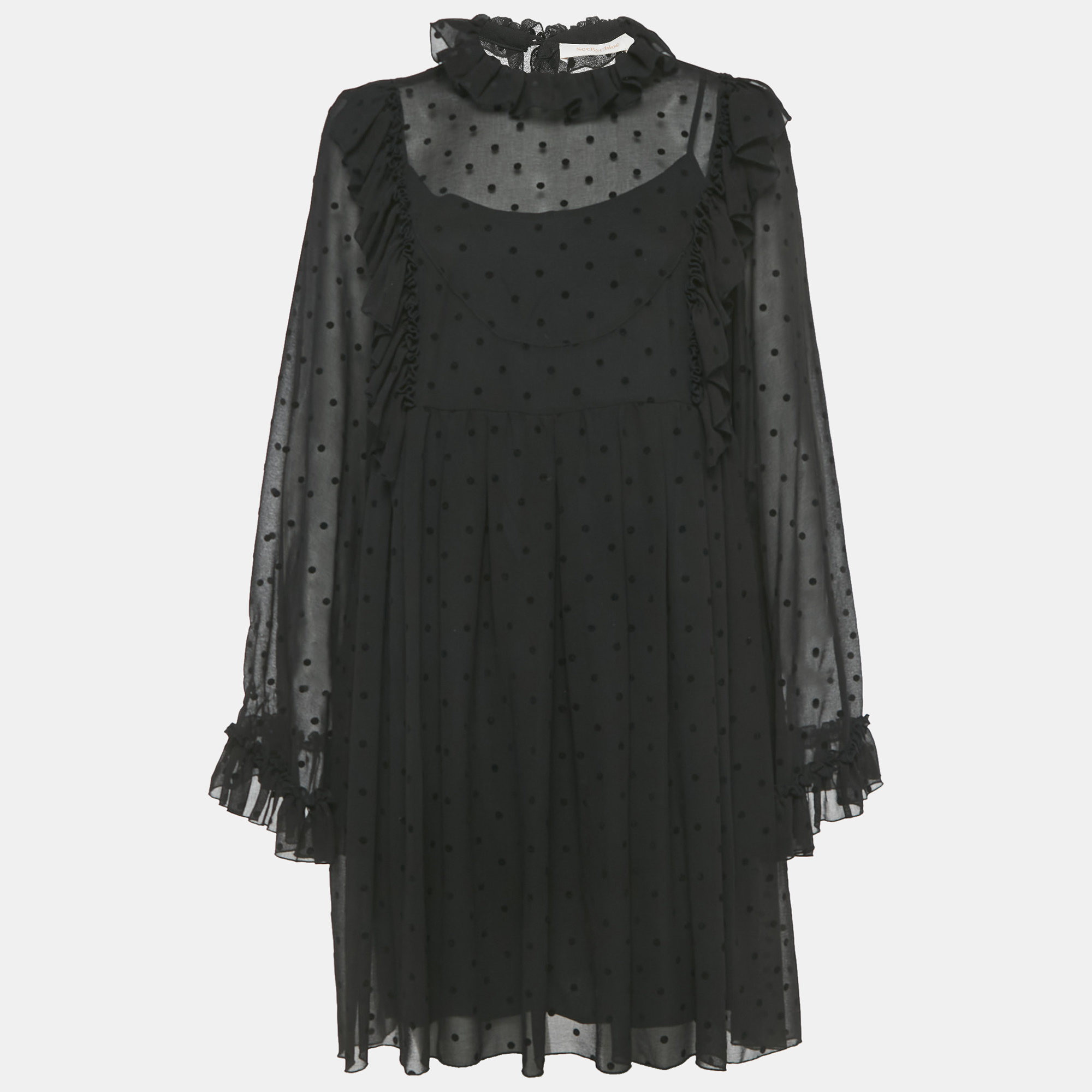 See by Chloe Black Flocked Chiffon Ruffled Mini Dress M
See by Chloe Black Flocked Chiffon Ruffled Mini Dress M