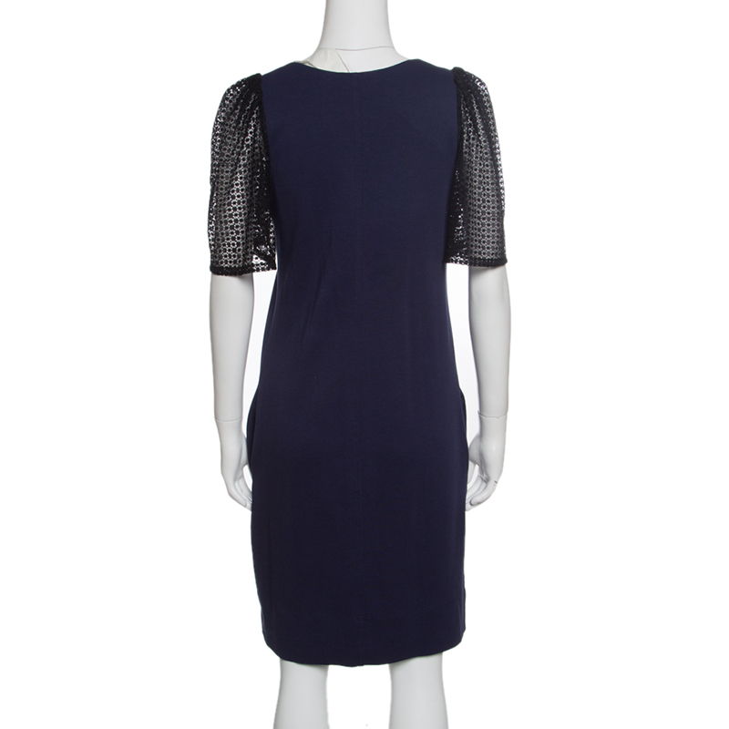 See By Chloe Navy Blue Jersey Contrast Lace Sleeve Dress S