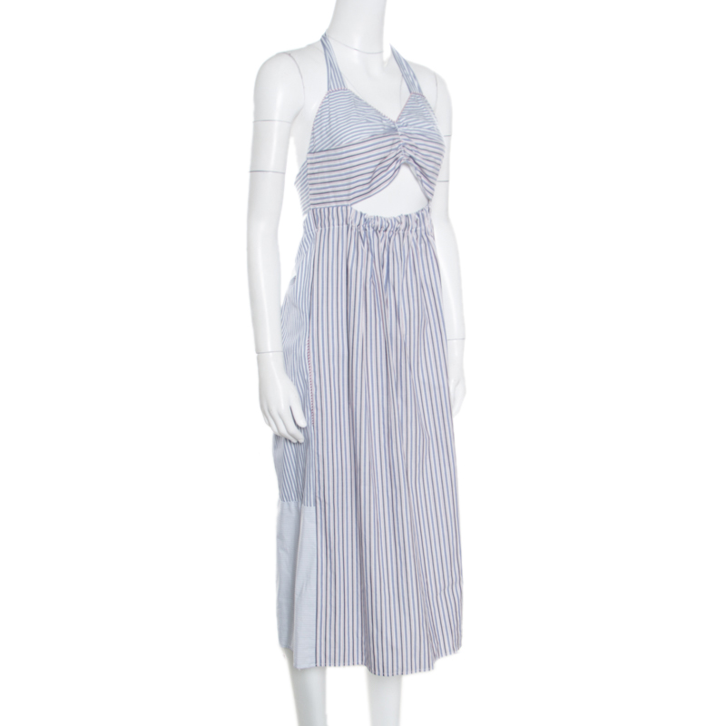 

See by Chloe Blue Striped Cotton Cutout Detail Halter Dress