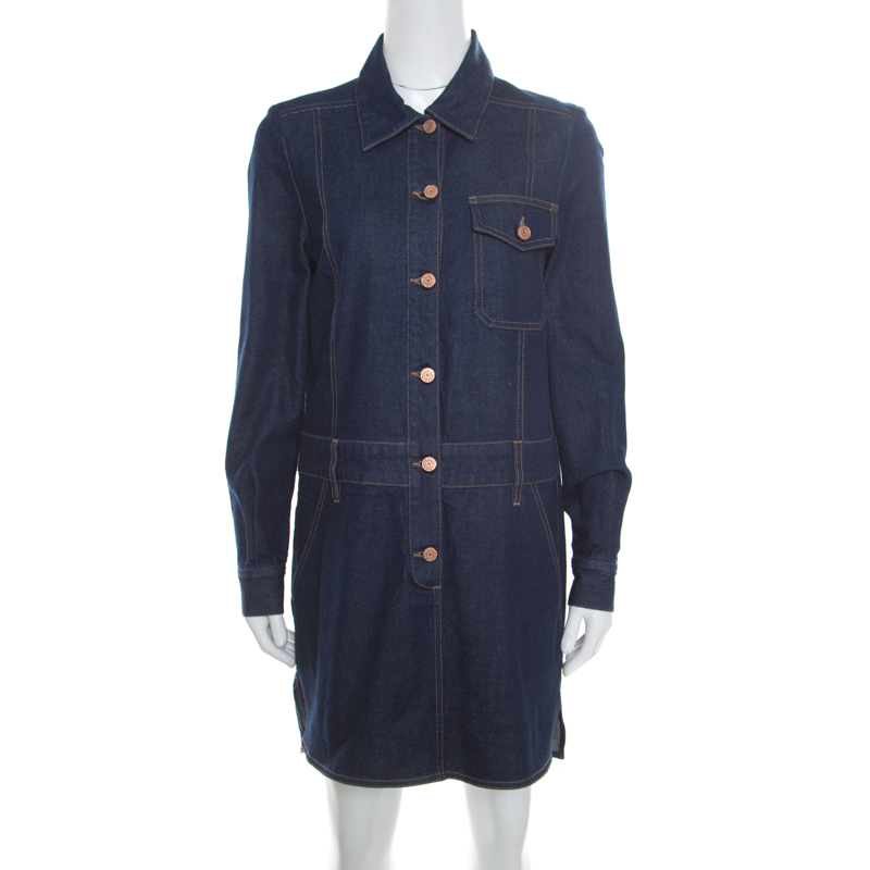 Image of See by Chloe Indigo Dark Wash Denim Long Sleeve Shirt Dress M