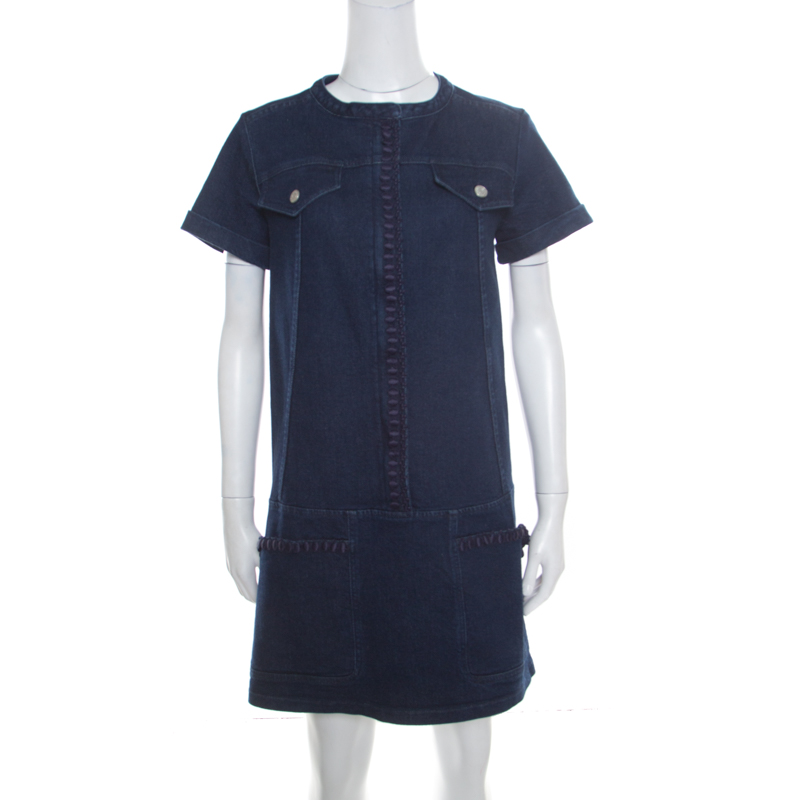Image of See by Chloe Indigo Denim Dark Wash Lace Insert Mini Shift Dress M