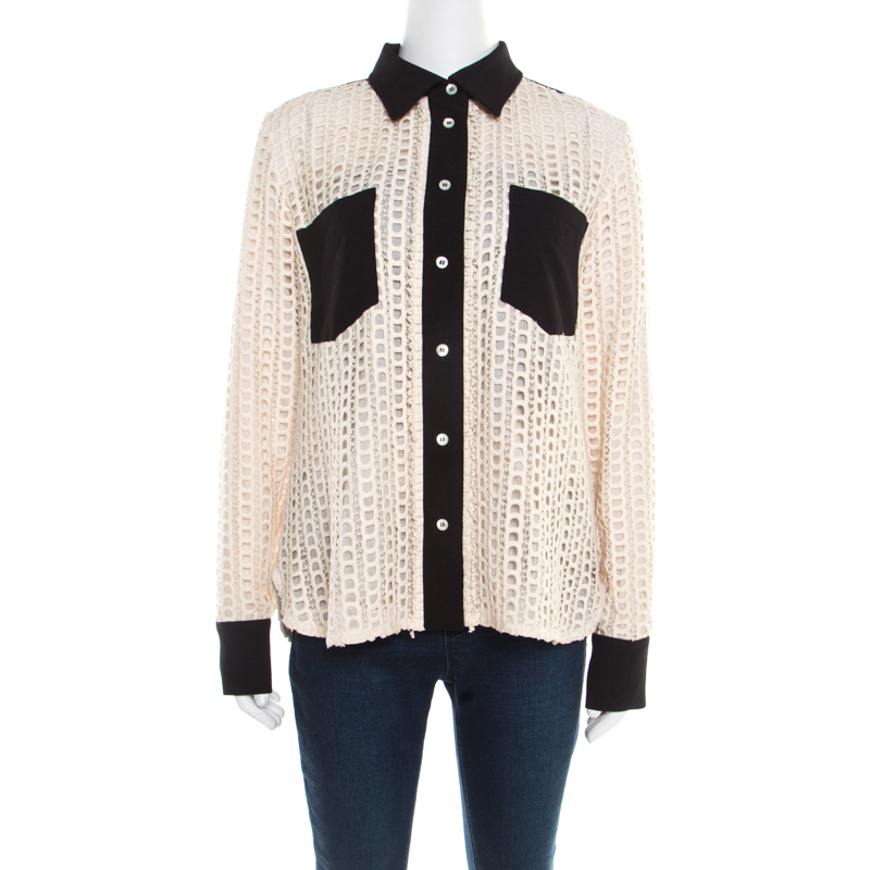 Image of See by Chloe Cream Lace Overlay Contrast Patch Pocket Button Front Shirt L