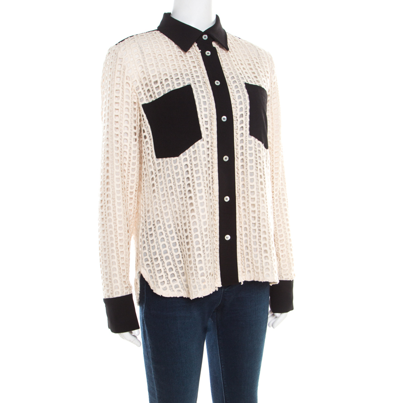 

See by Chloe Cream Lace Overlay Contrast Patch Pocket Button Front Shirt