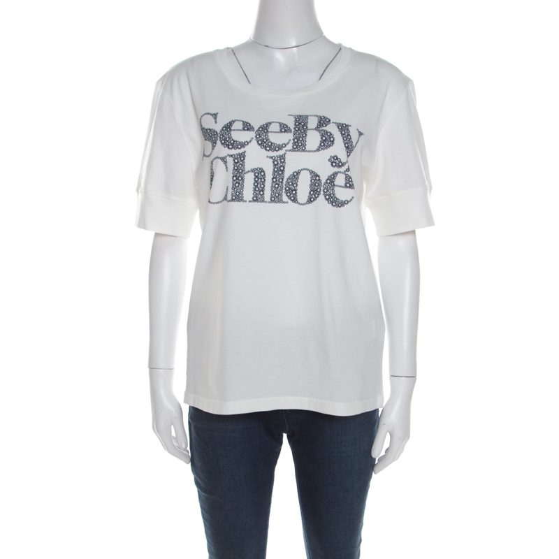 Image of See by Chloe Off White Floral Logo Print Cotton Cloud Dancer T-Shirt XL