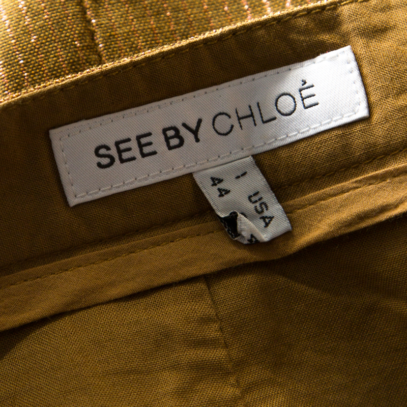 See By Chloe Brown Wool Blend Metallic Gold Pinstriped Pencil Skirt M