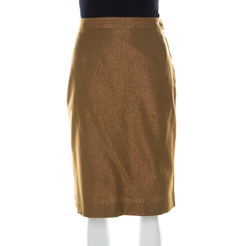 See By Chloe Brown Wool Blend Metallic Gold Pinstriped Pencil Skirt M