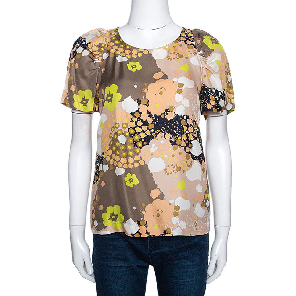 See By Chloe Multicolor Floral Printed Silk Short Sleeve Top S